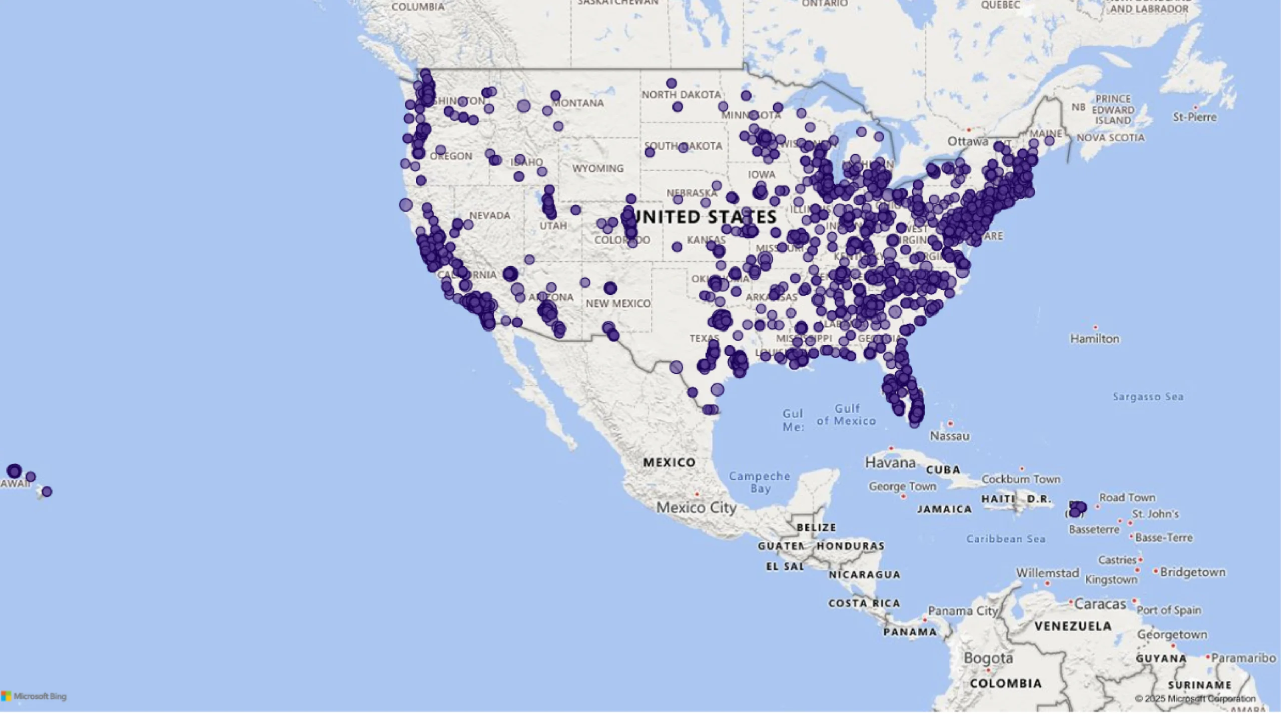 A map showing the distribution of the 23 top fashion retailers in the US. 