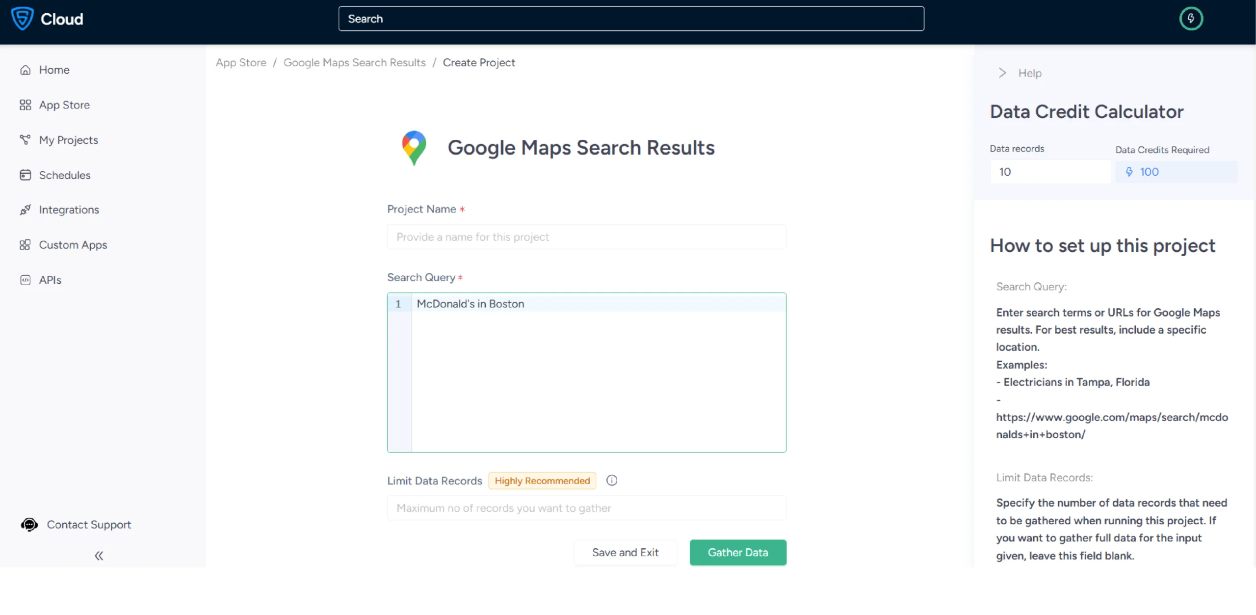 Screenshot of one of the steps in gathering data using ScrapeHero Cloud Google Maps Search Results scraper. 