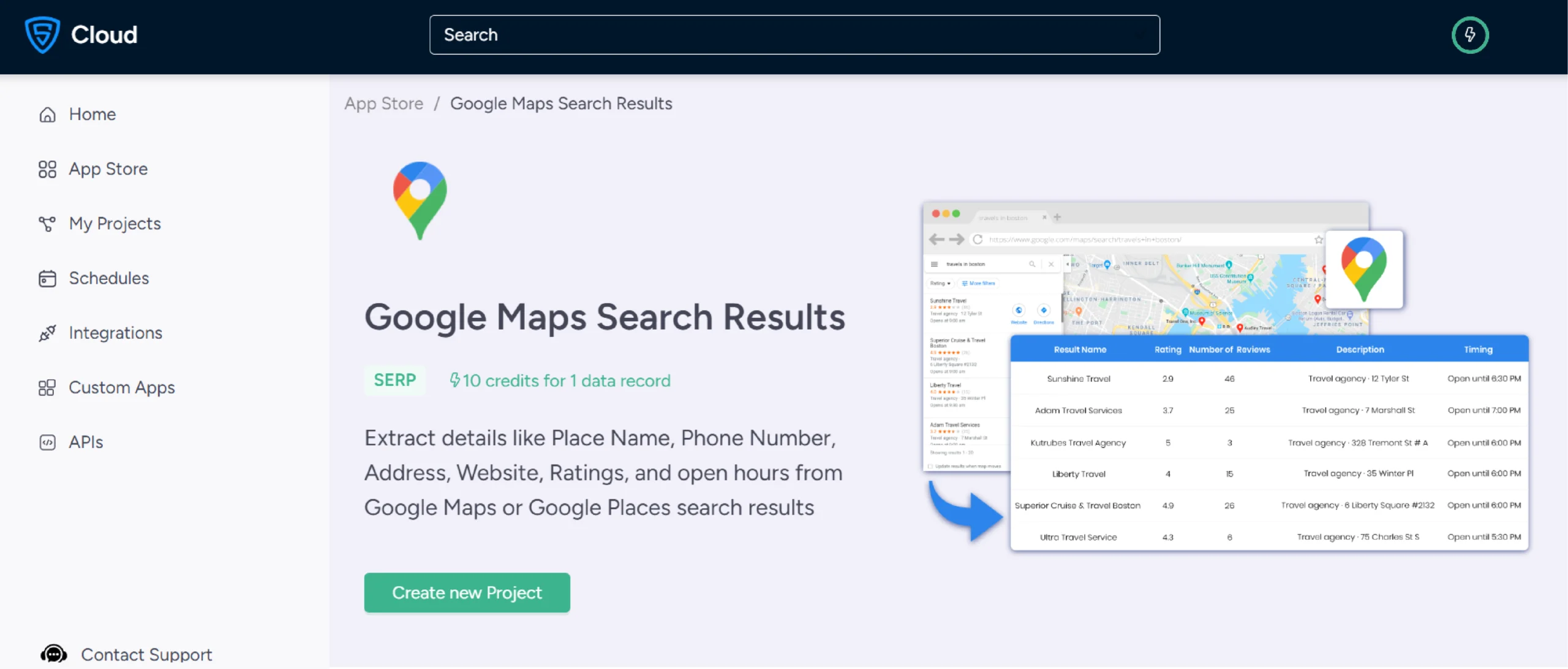 Screenshot of the home page of ScrapeHero Cloud Google Maps Search Results scraper, one of the scrapers on ScrapeHero Cloud. 