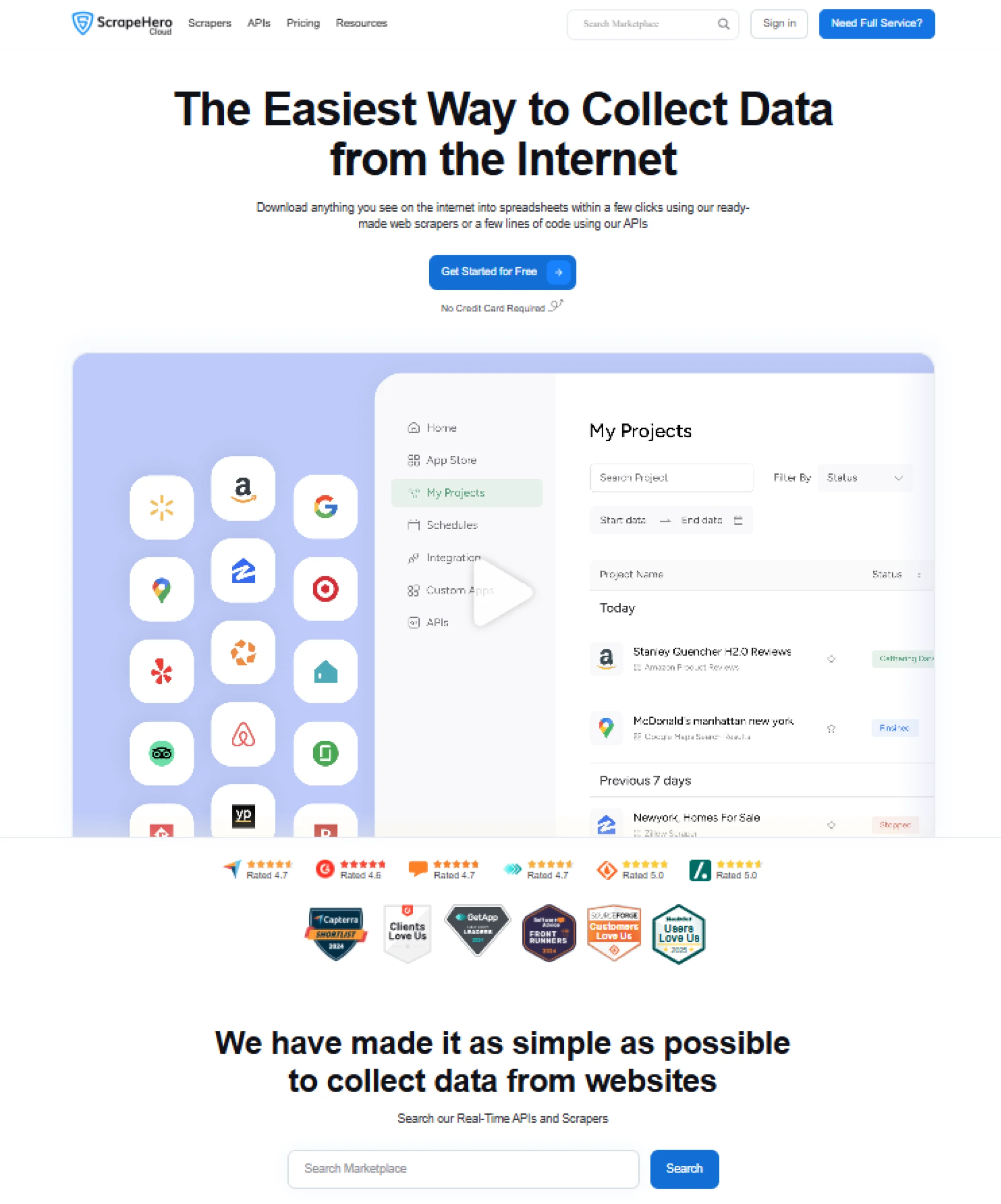 The home page of ScrapeHero Cloud, one of the best web scraping software platforms available in 2025. 