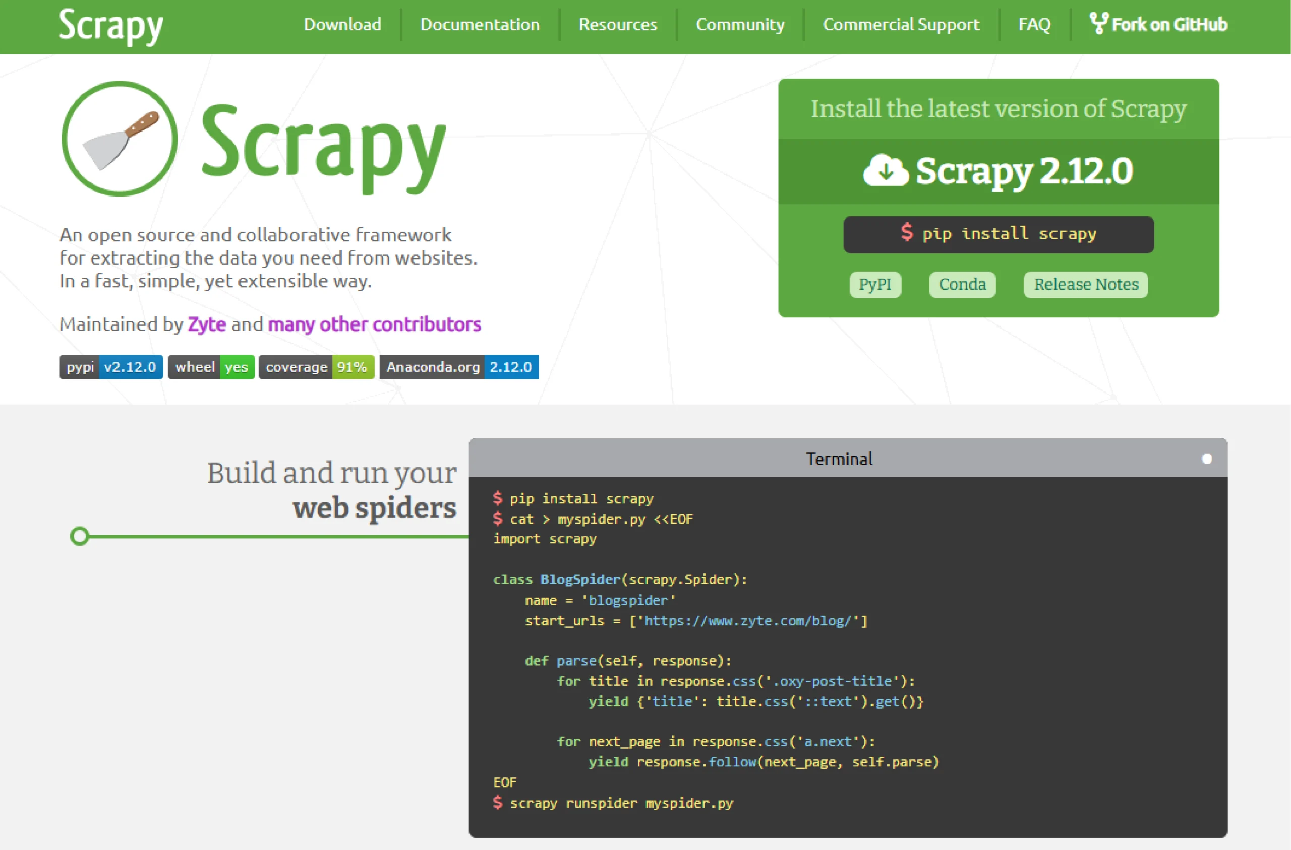 Home page of Scrapy, one of the web scraping software available in 2025. 