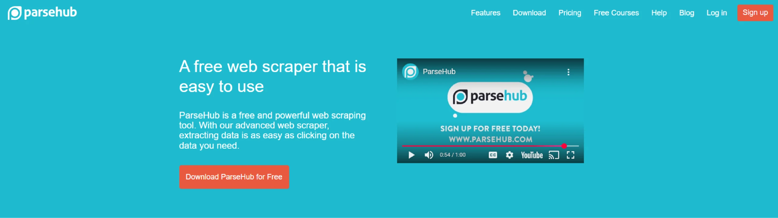 Home page of ParseHub, one of the web data scraping software available in 2025. 