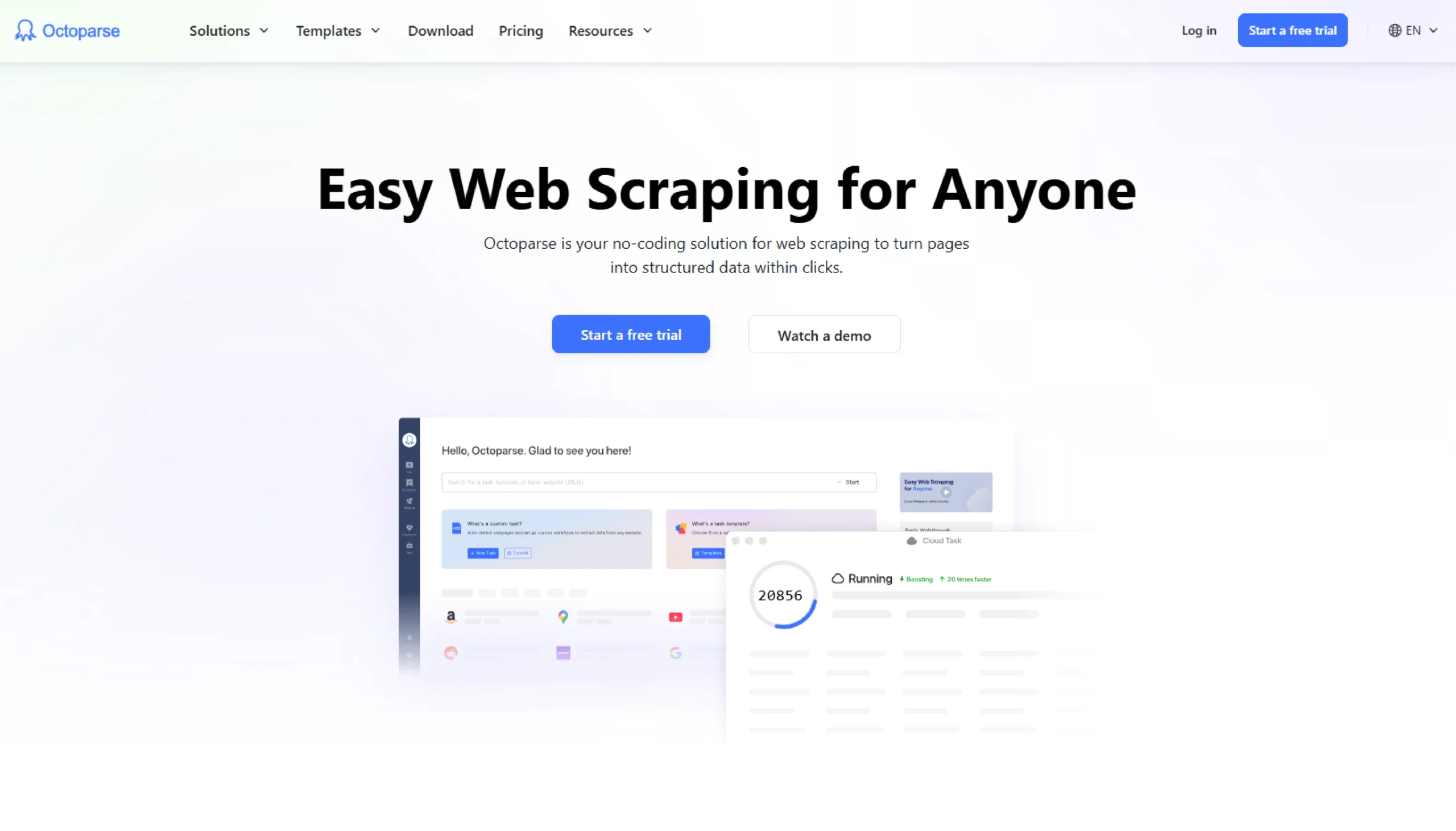 Home page of Octoparse, one of the web scraping software available in 2025. 