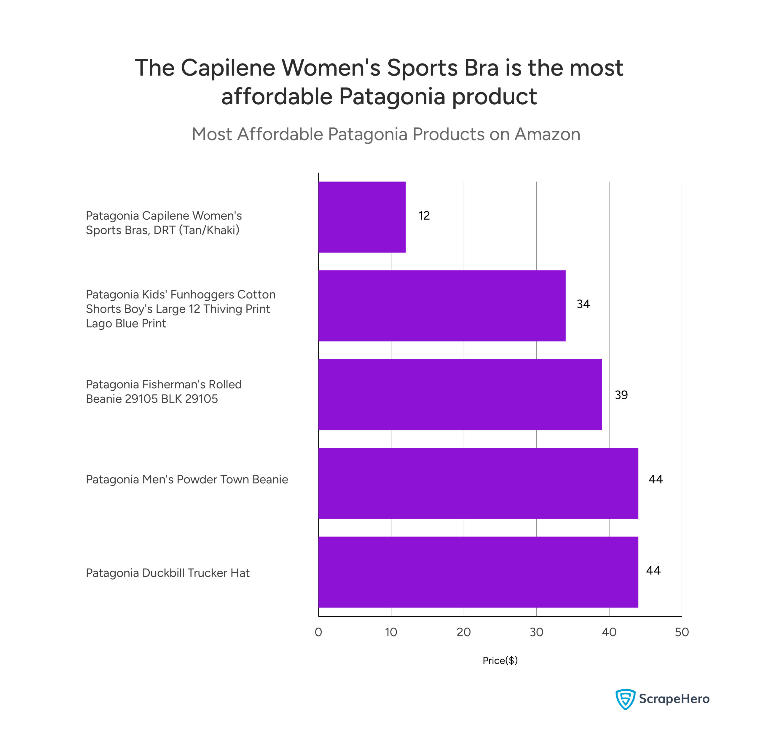 A bar chart listing the cheapest Patagonia products on Amazon, collected for a Patagonia Amazon analysis. 