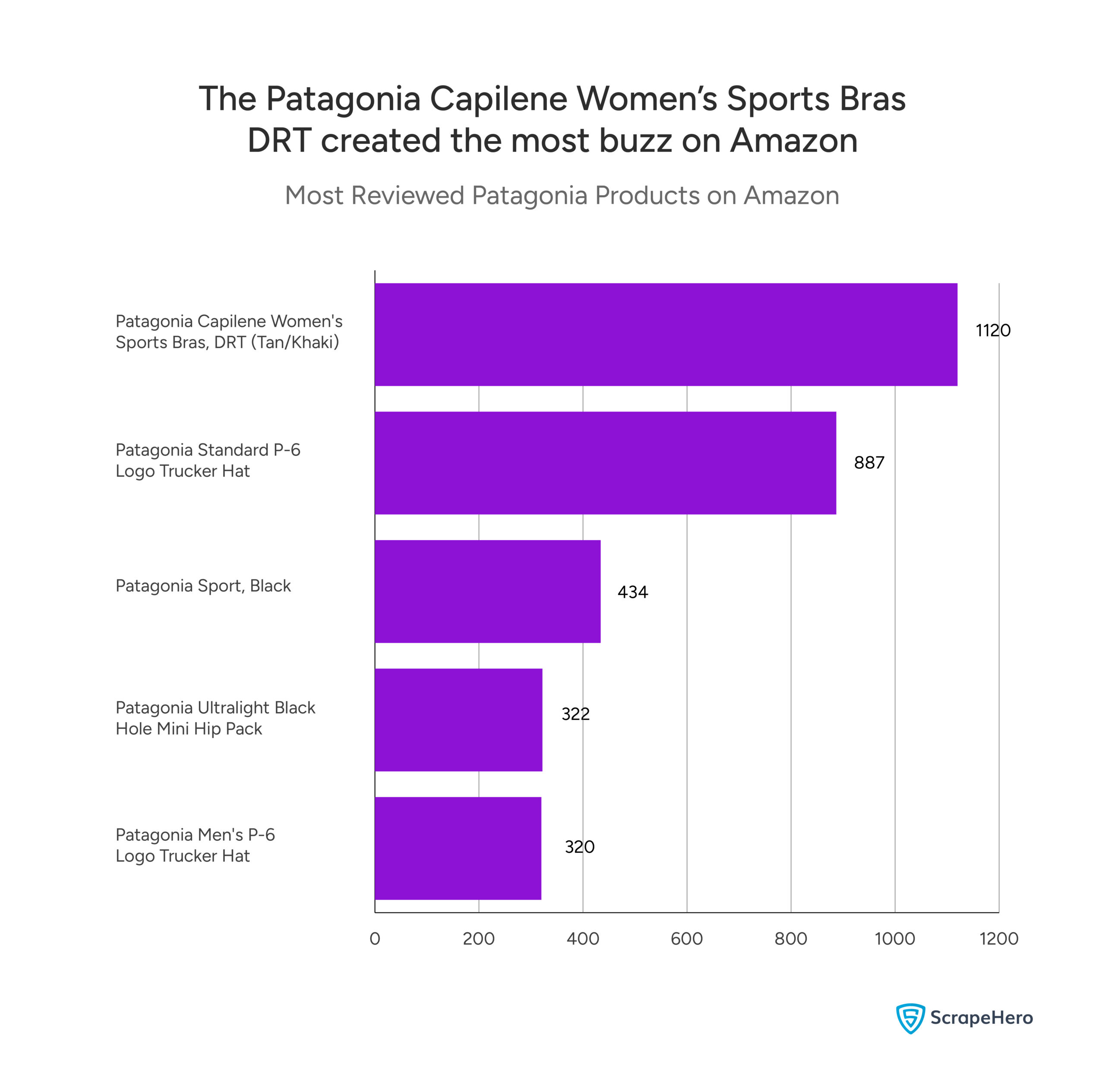 A bar chart listing the Patagonia products on Amazon that have received the most number of reviews, collected for a Patagonia Amazon analysis. 