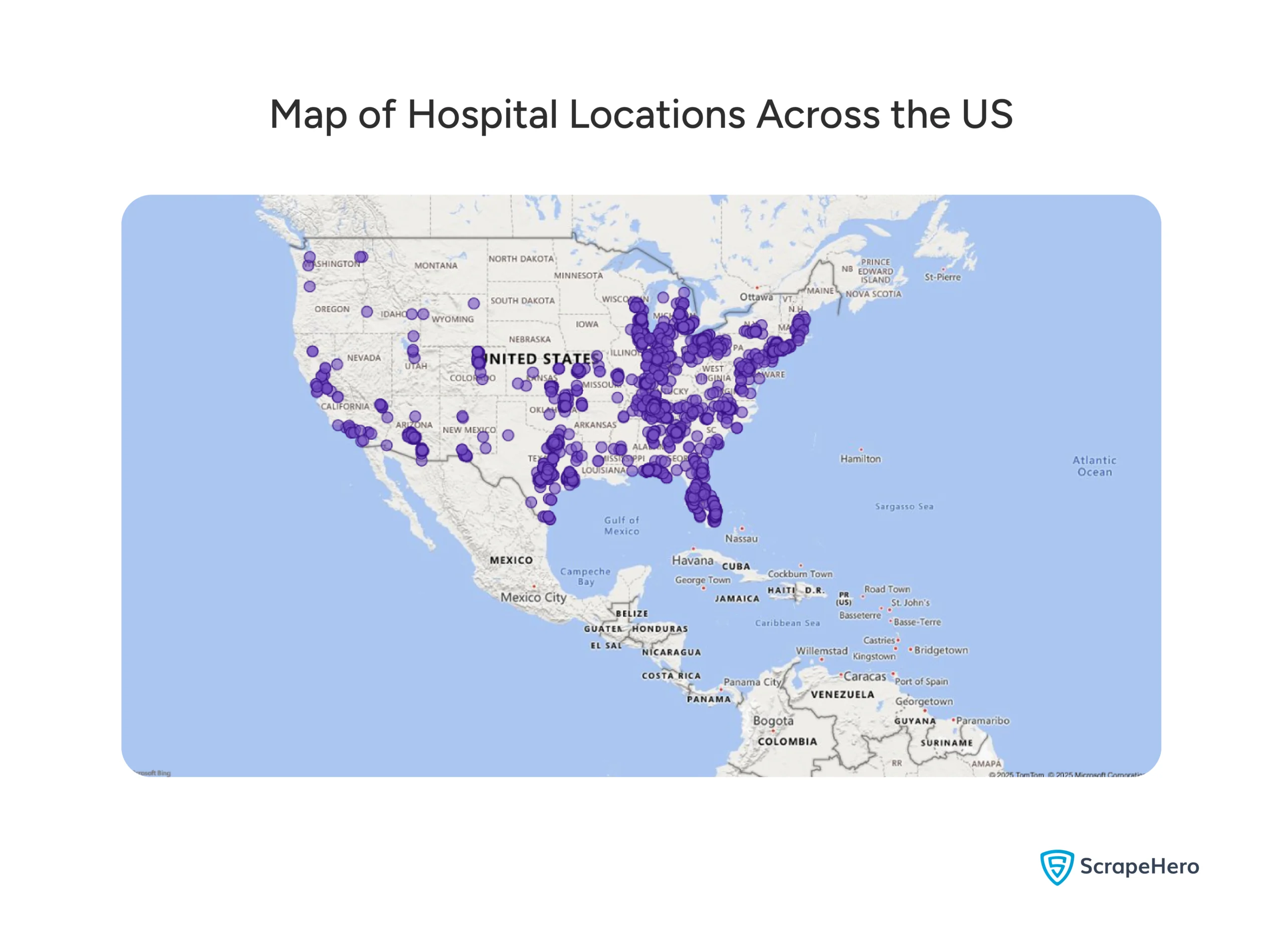 Map of the US marking locations of hospitals from the ten major hospital systems.
