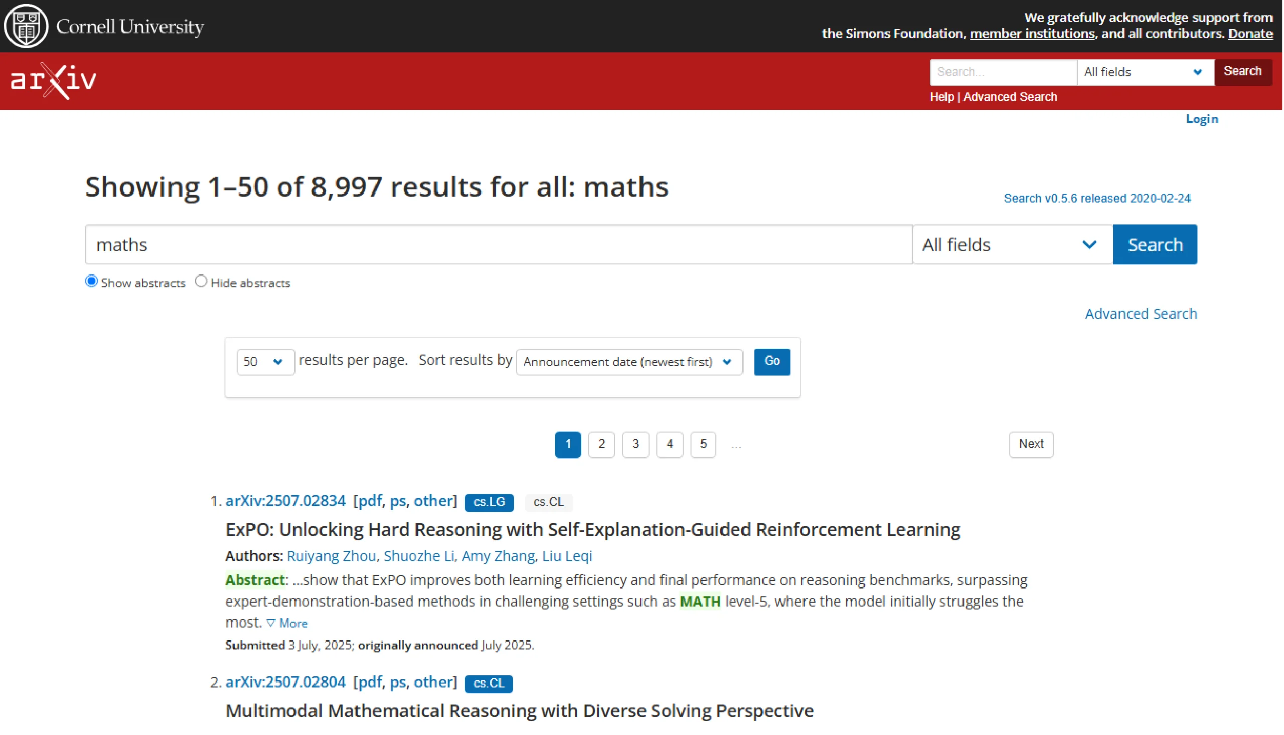 Arxiv search results page for the keyword maths