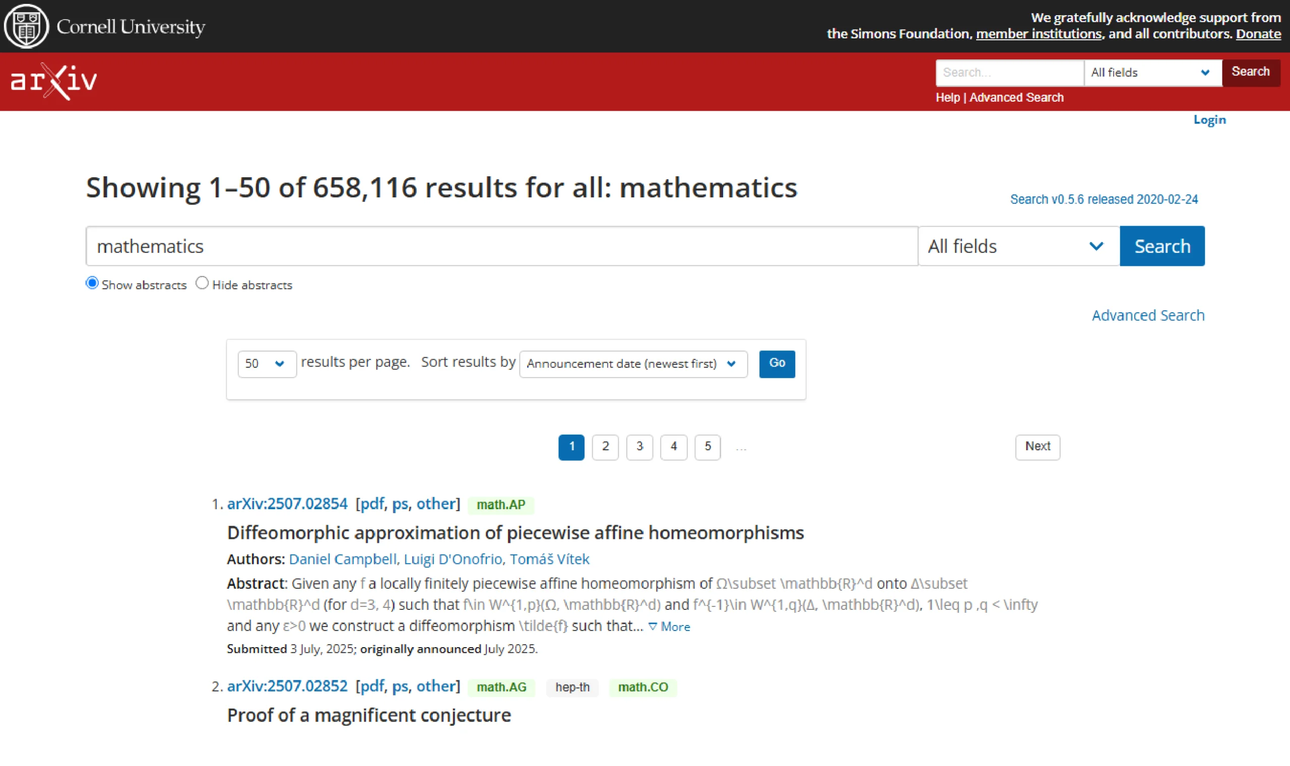Arxiv search results page for the keyword mathematics