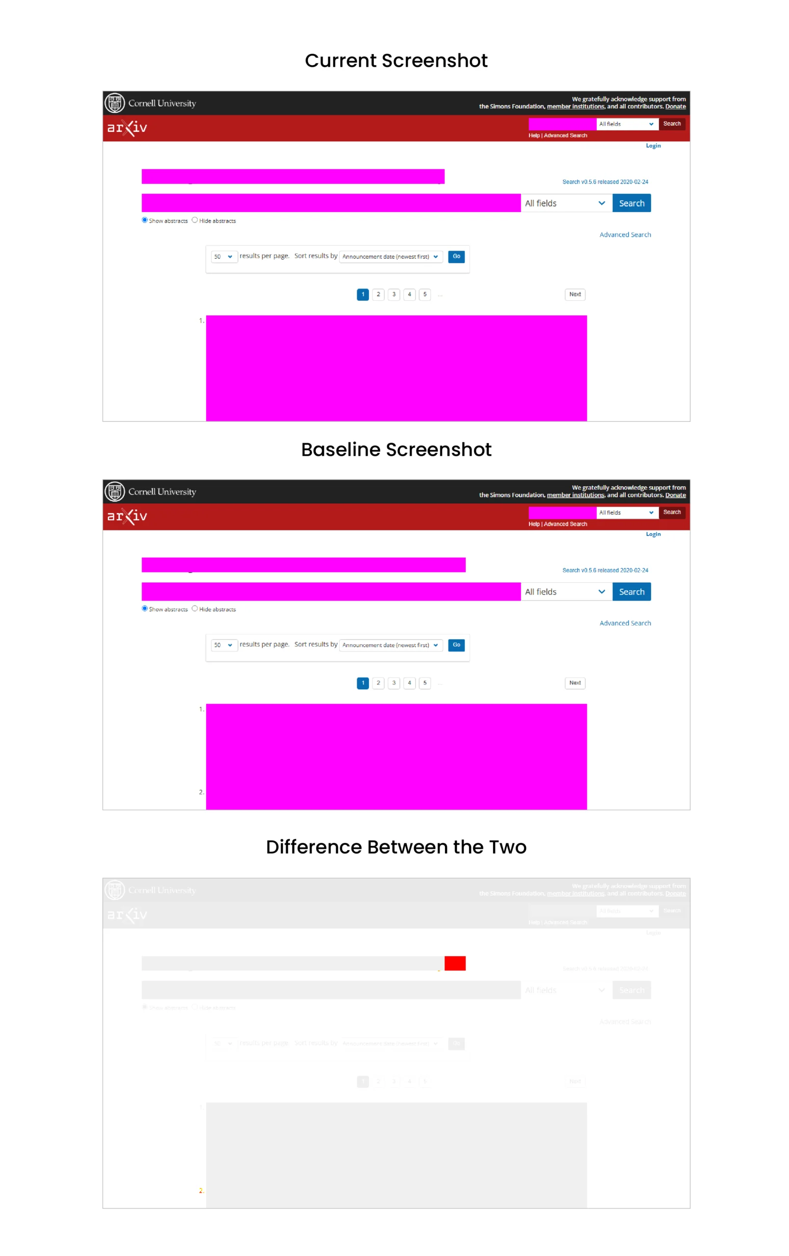 The current screenshot, the baseline screenshot, and the diff image after masking elements