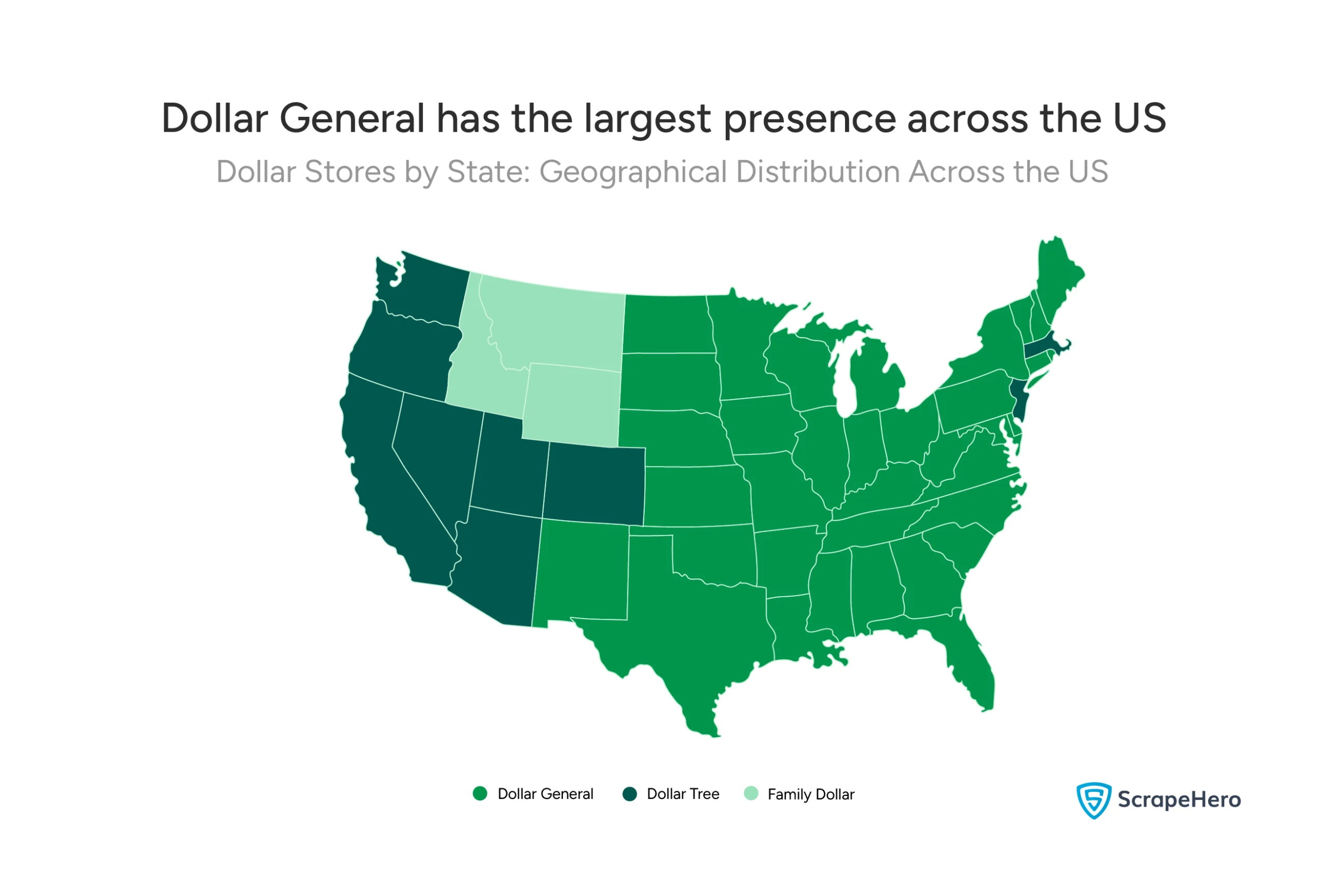 Map showing the distribution of Dollar General, Dollar Tree, and Family Dollar stores, the major Dollar Stores in the US.
