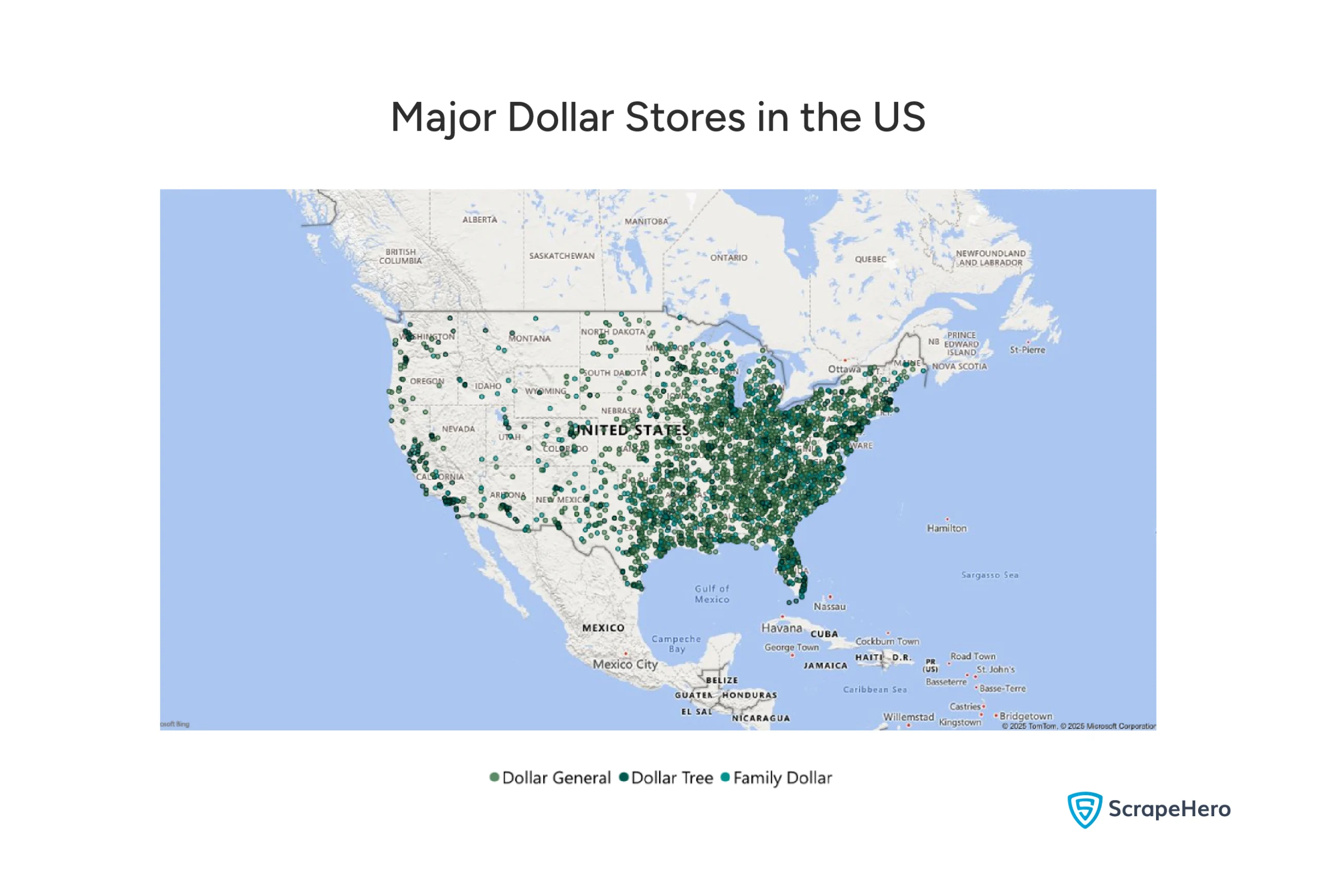 A map showing the locations of the three major Dollar Stores in the US, under analysis.
