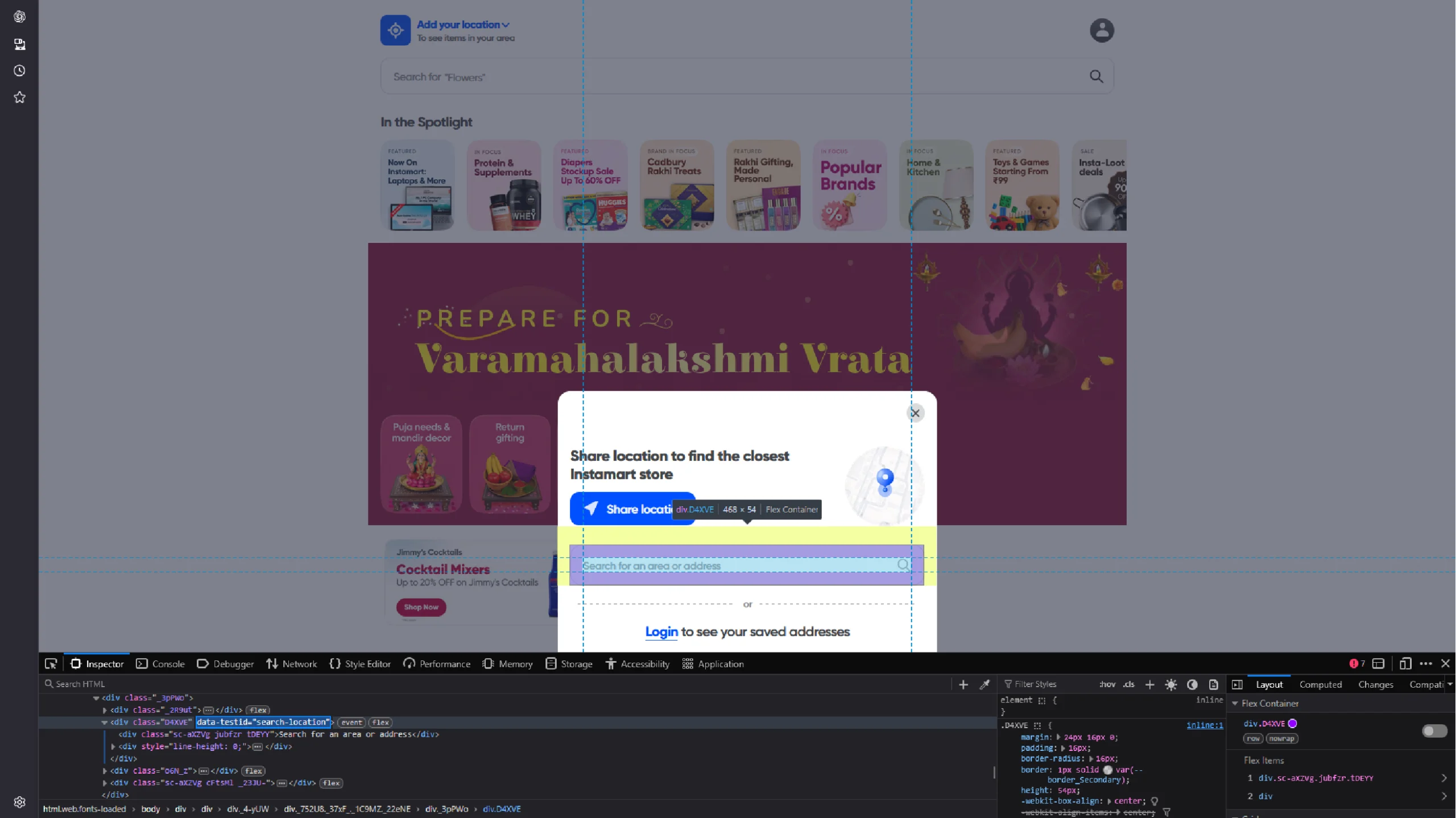 Inspecting the search-location button