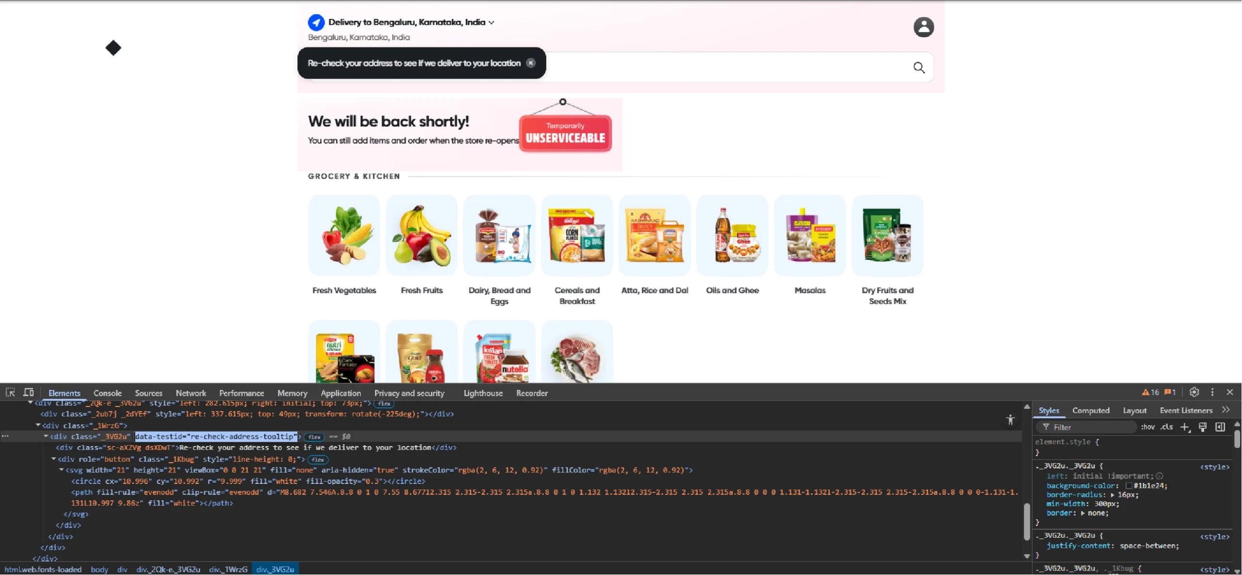 Inspecting the re-check address tooltip.