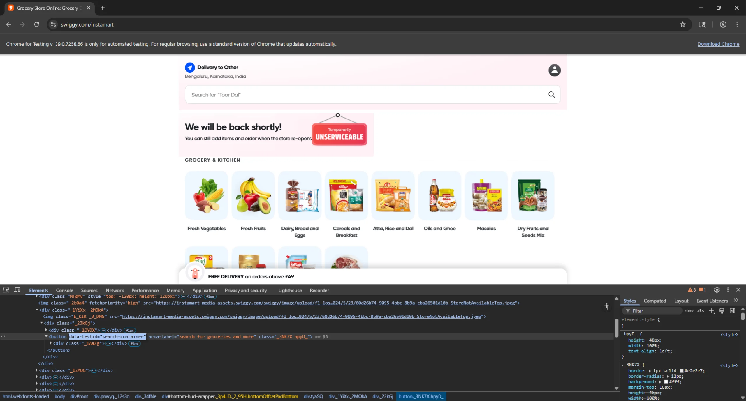 Inspecting the search bar