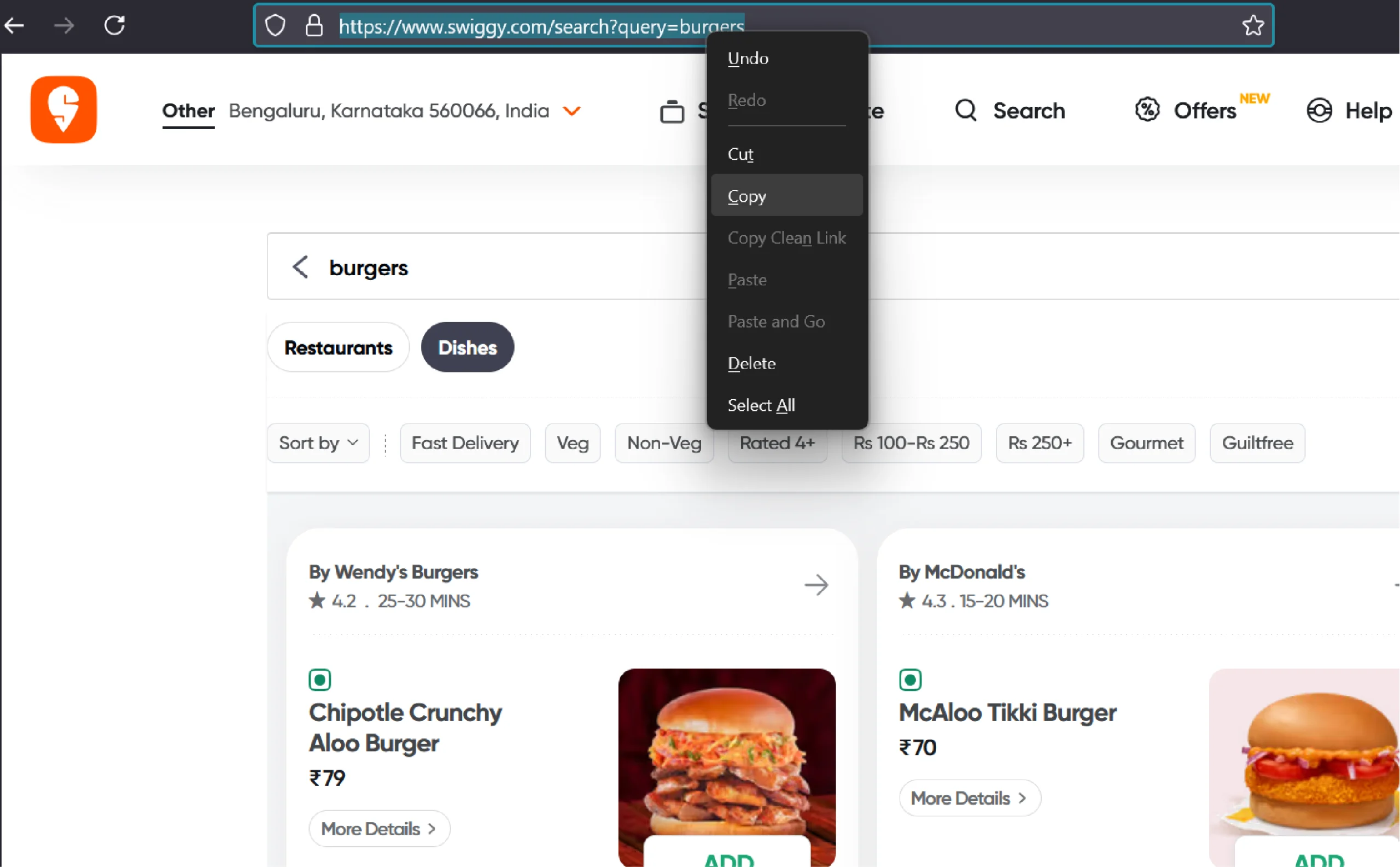 Getting the Swiggy search results page URL 