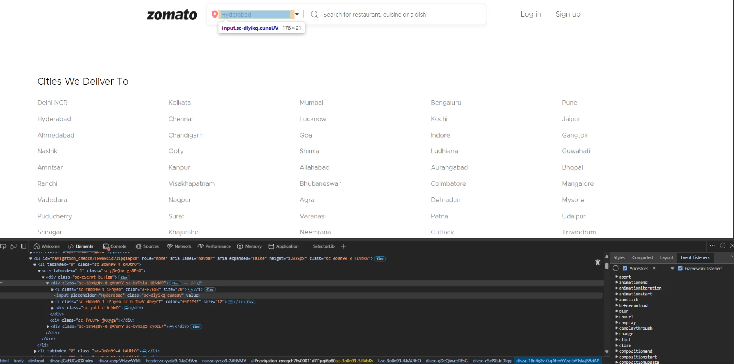 Inspecting the location input box 