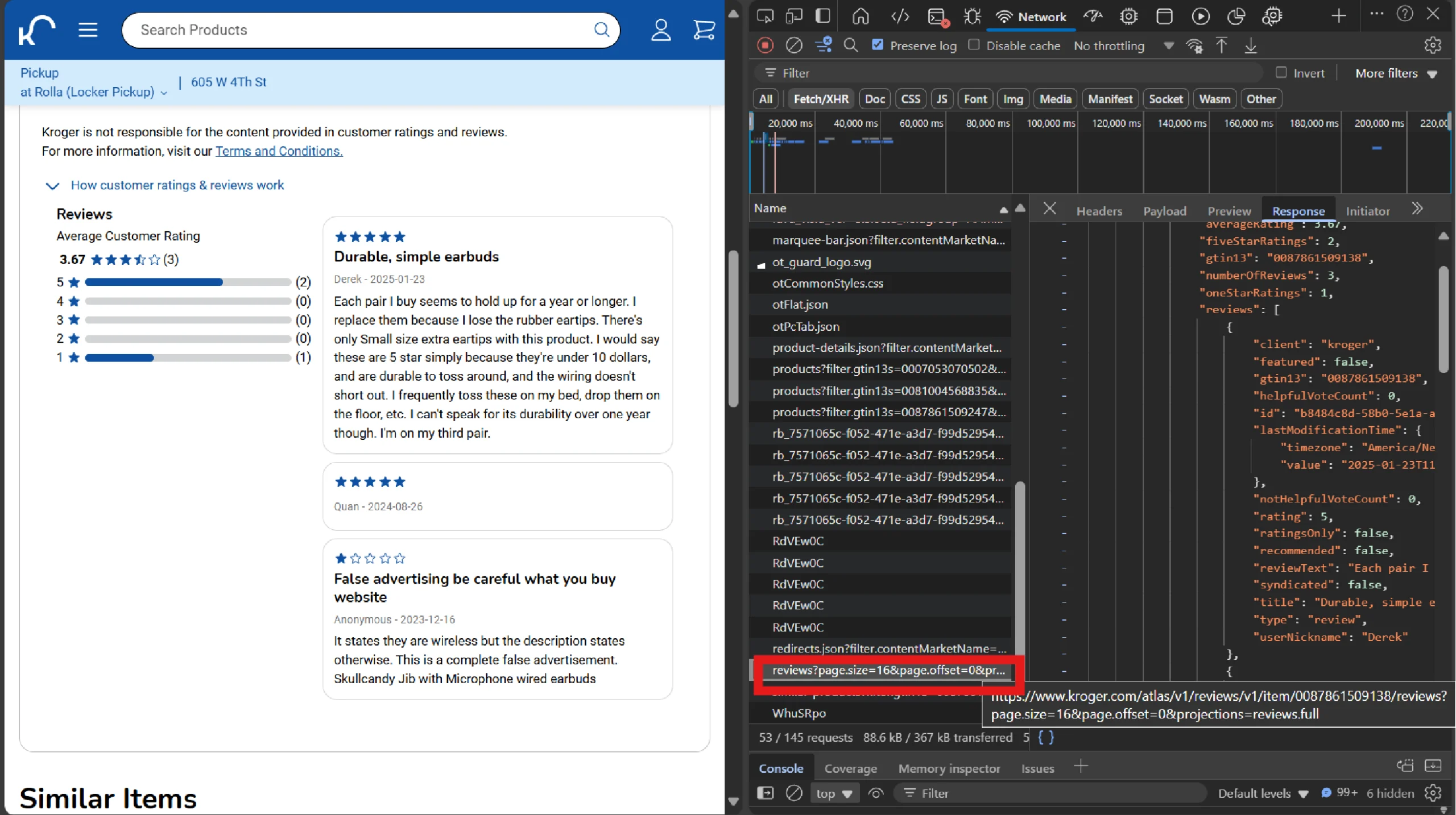 Getting the reviews API endpoint