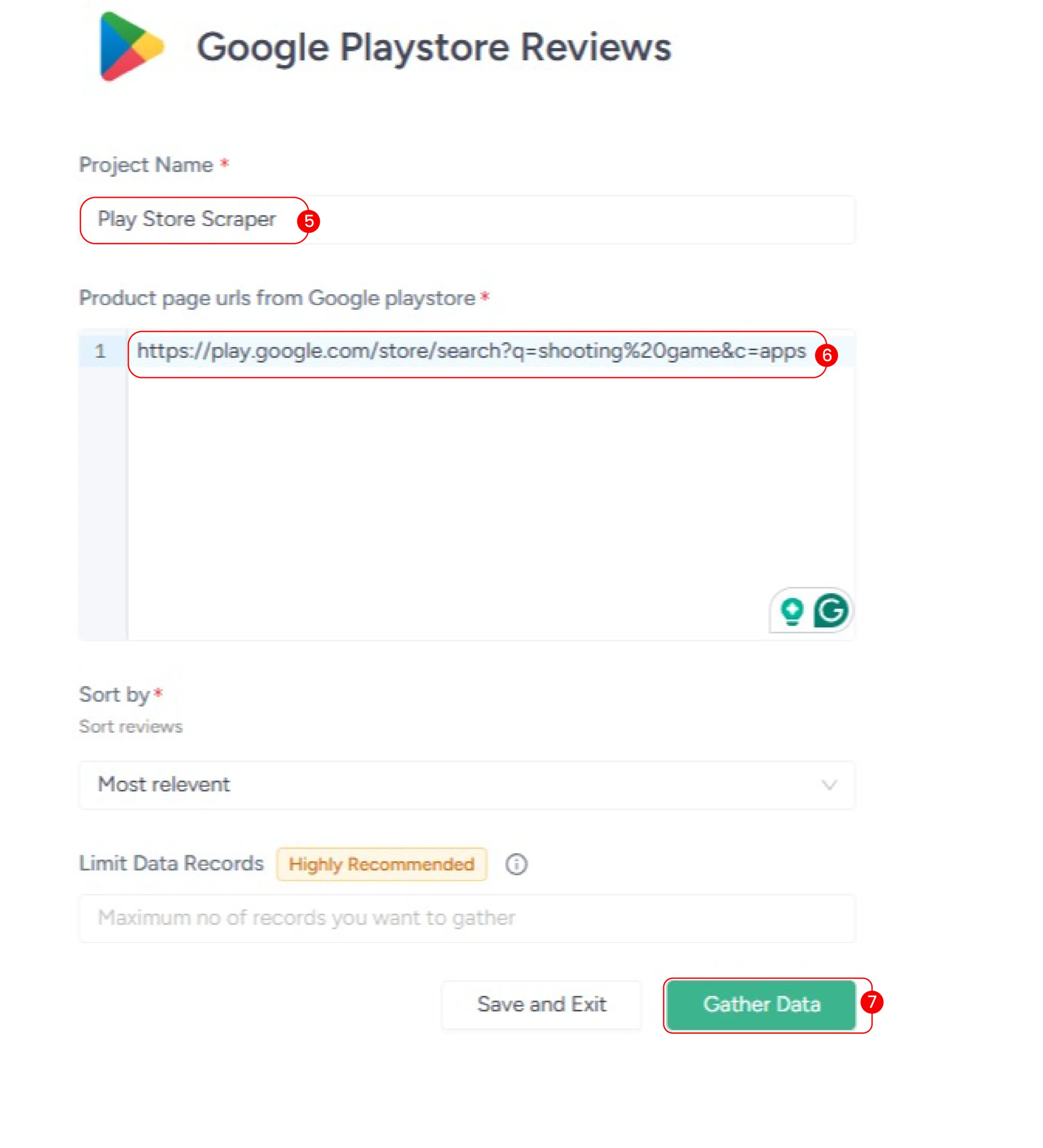  Naming the project, pasting the URL, and starting the scraper 