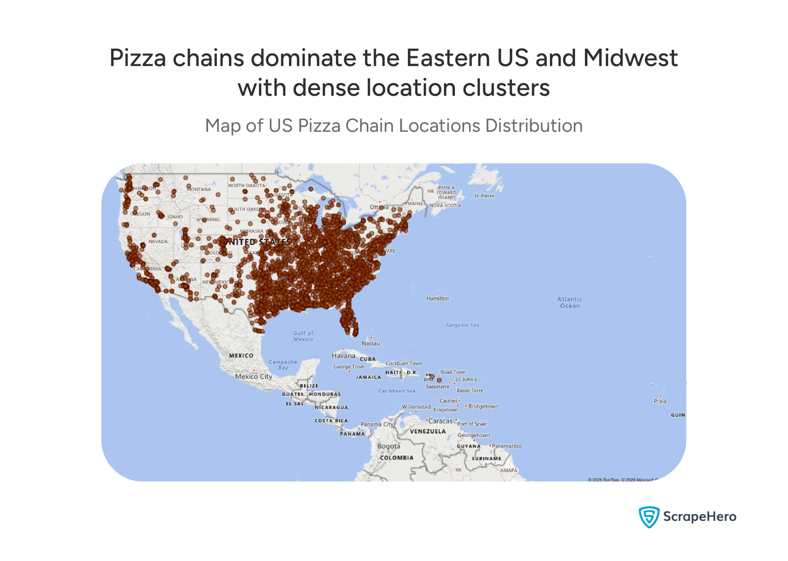Pizza chain locations across the US, showing stores concentrated heavily in the eastern states, Midwest, and West Coast.