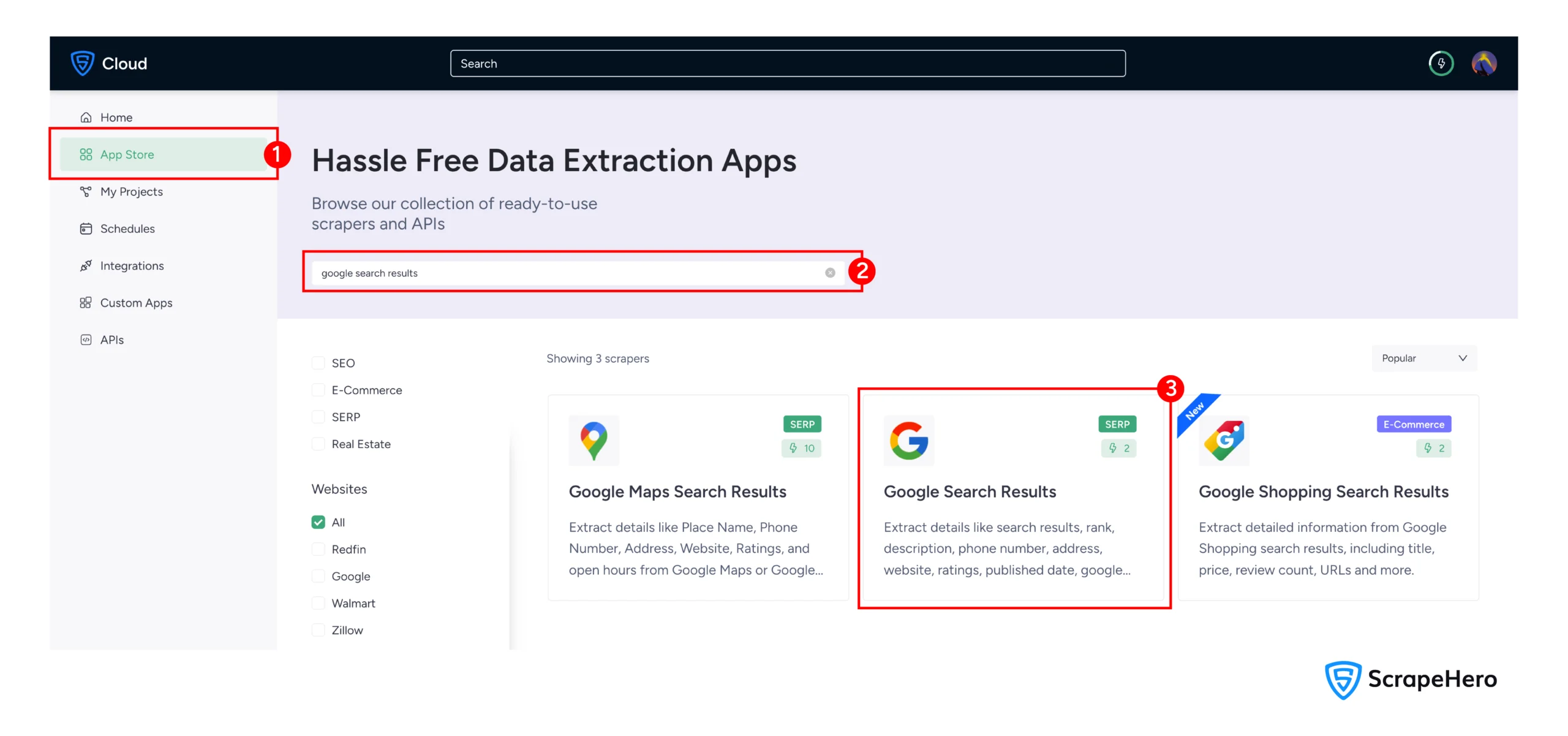 Finding the Google Search Results scraper in the ScrapeHero App store