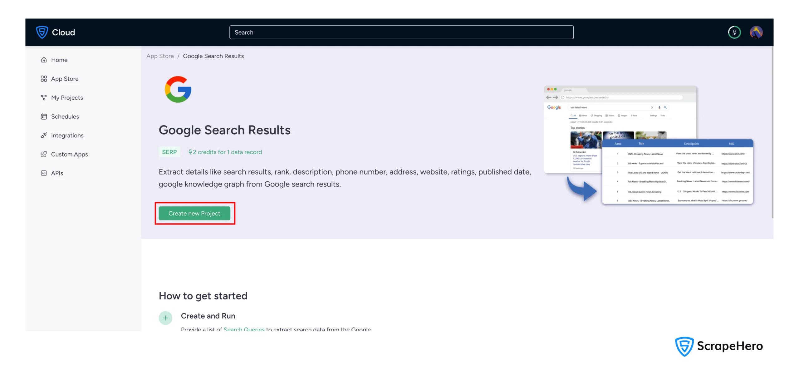 Creating a new Google search results scraping project