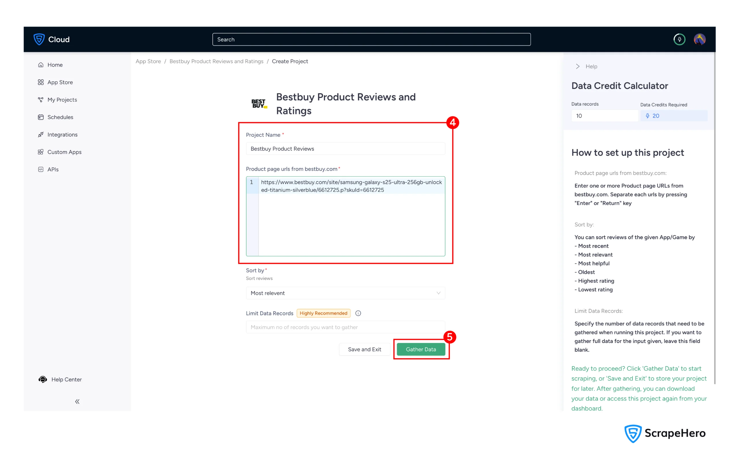 Naming the BestBuy scraping project and clicking on ‘Gather Data’