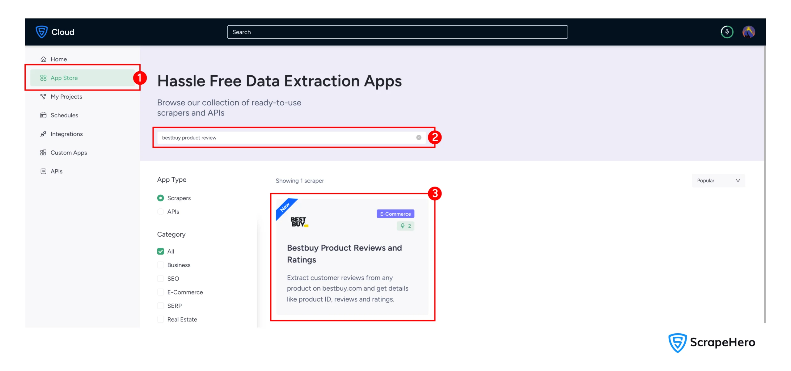 Finding the BestBuy product reviews and ratings scraper on ScrapeHero Cloud