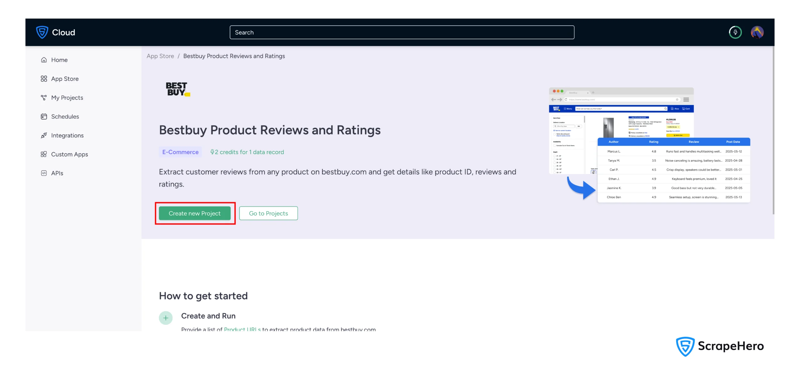 Clicking on ‘Create new Project’ to create a new BestBuy scraping project