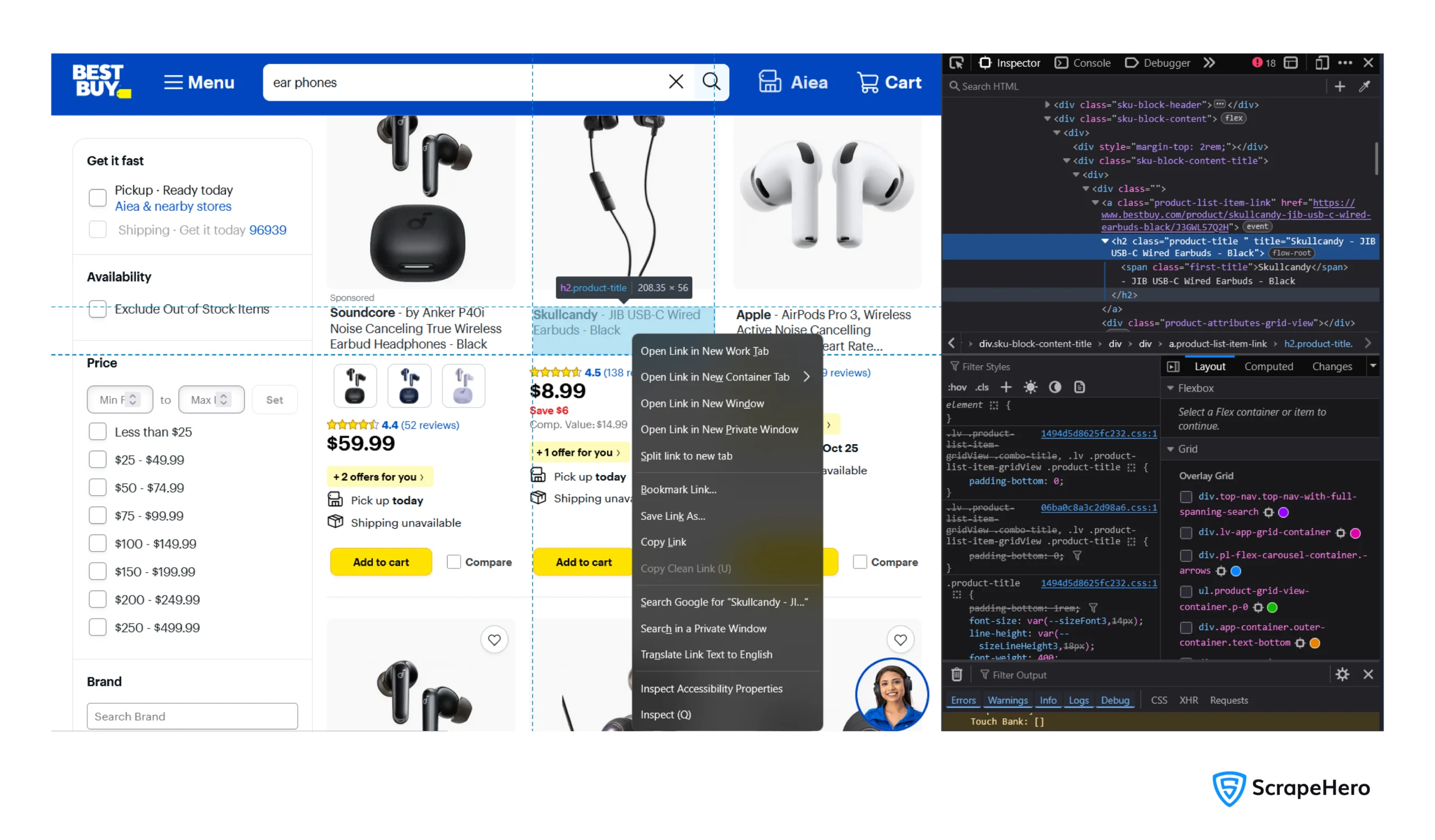 Using the inspect feature on BestBuy product listings