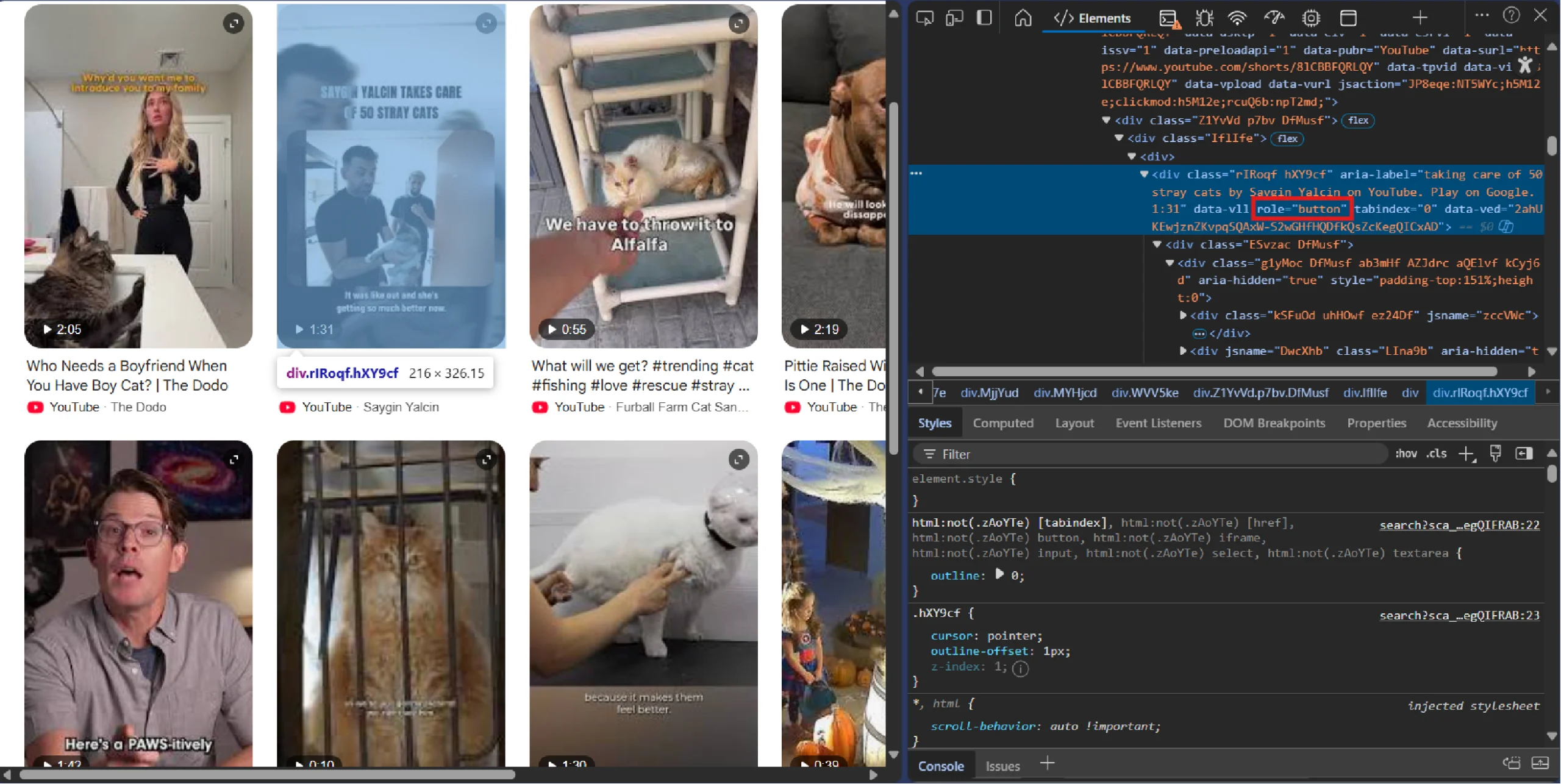 Inspecting the YouTube shorts video results