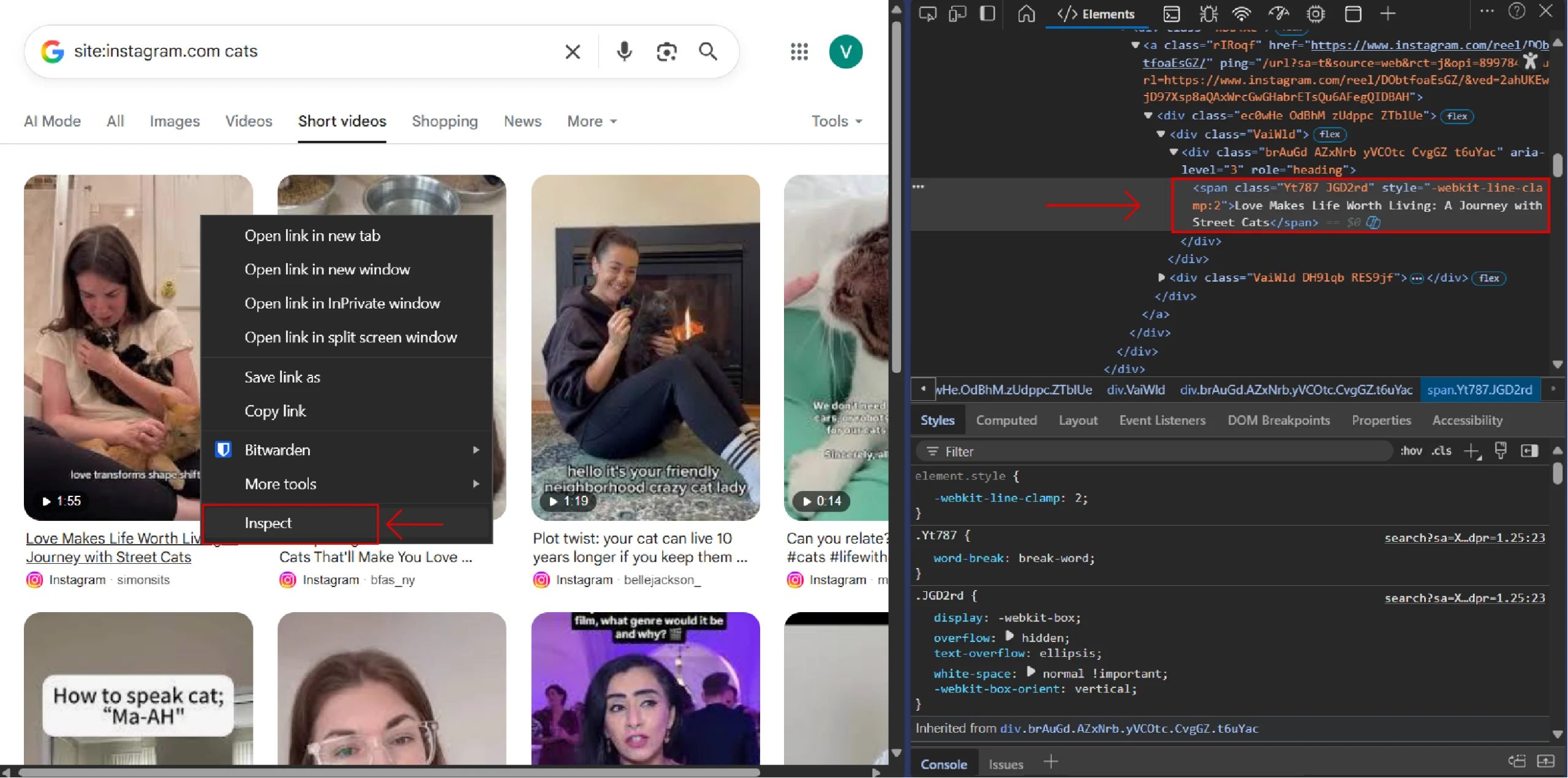 Inspecting the Google search short-video tab