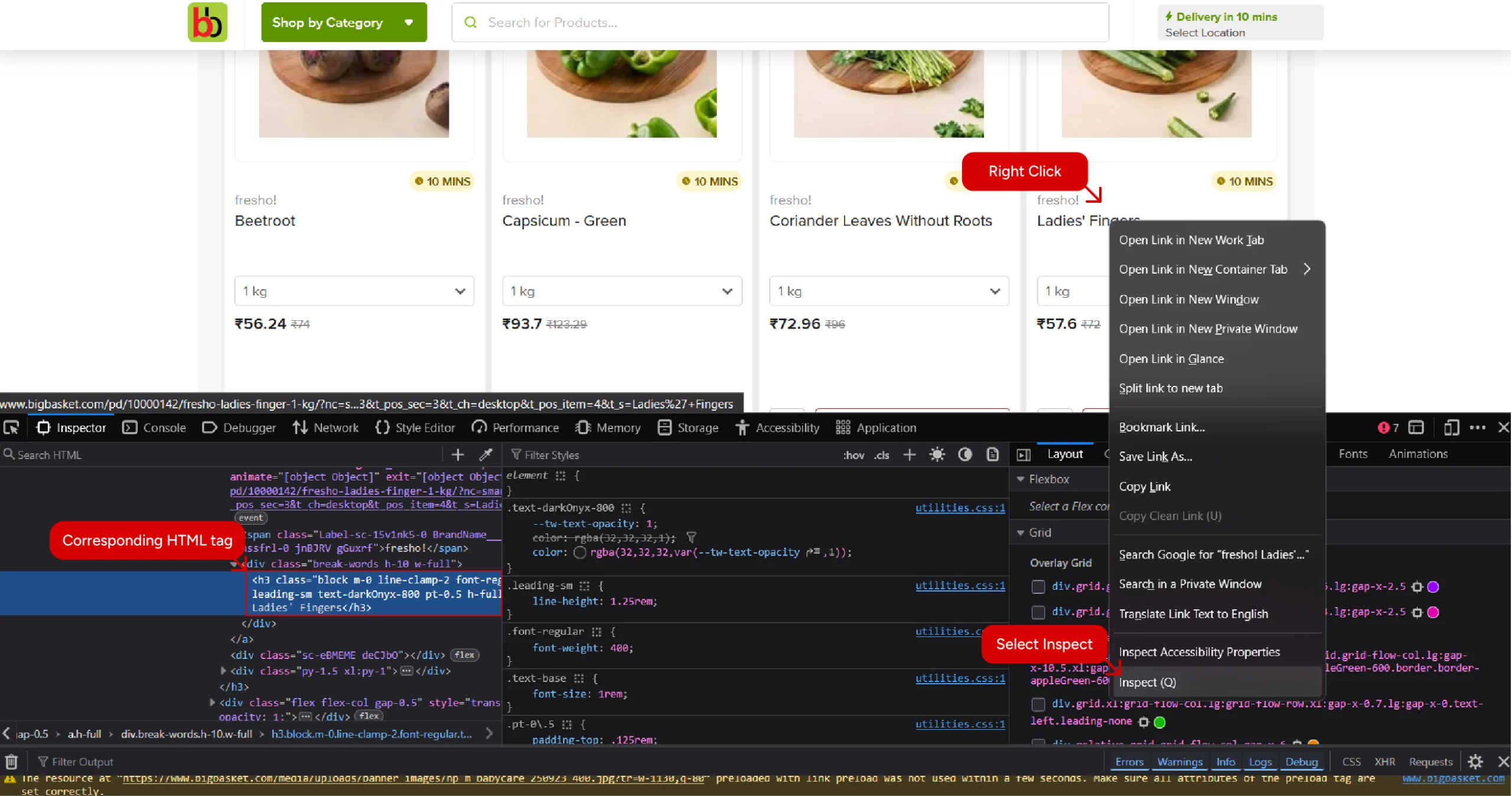 Screenshot of Bigbasket's search results page showing inspect panel