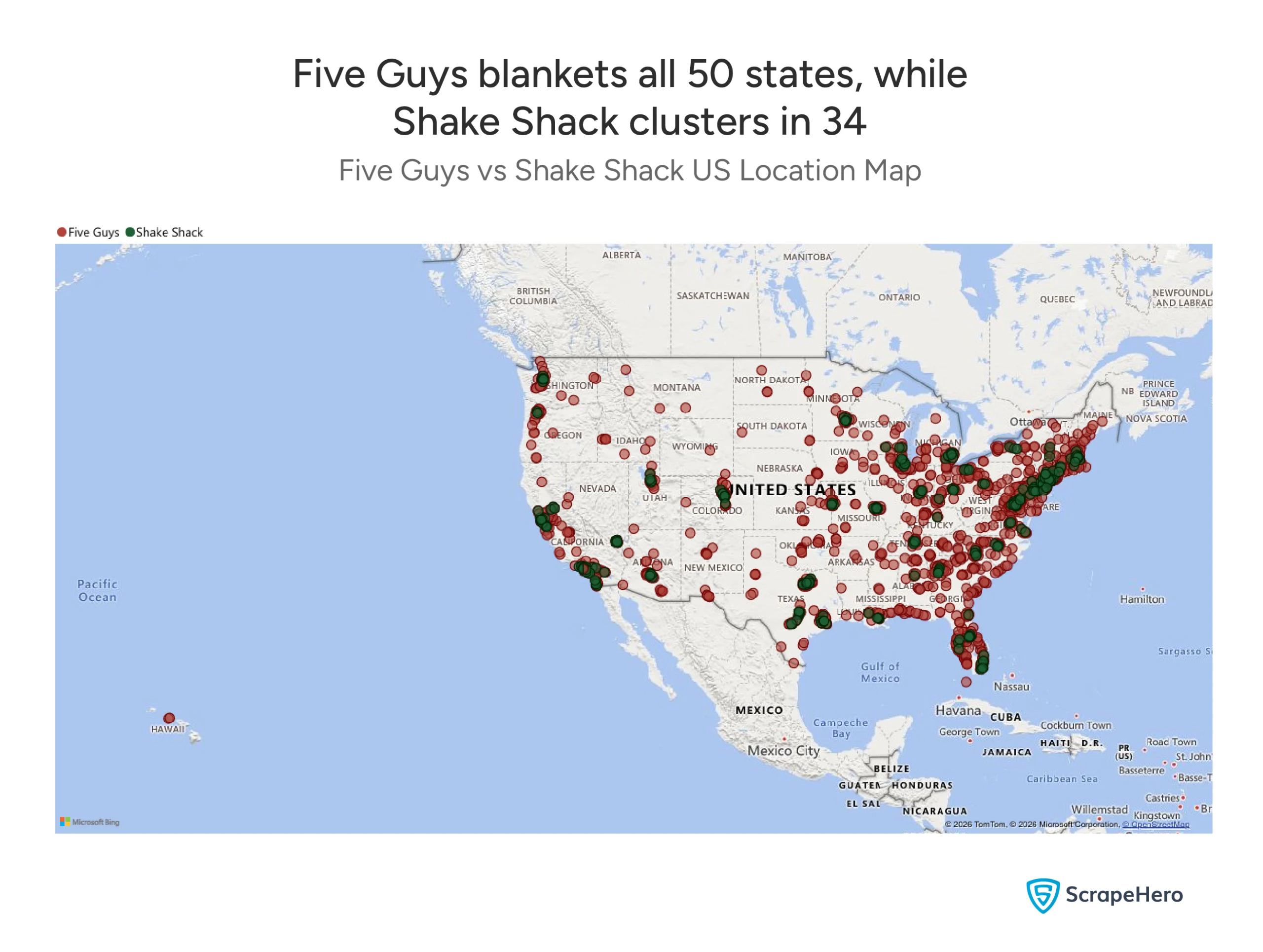 A US map showing Five Guys locations in red and Shake Shack locations. 