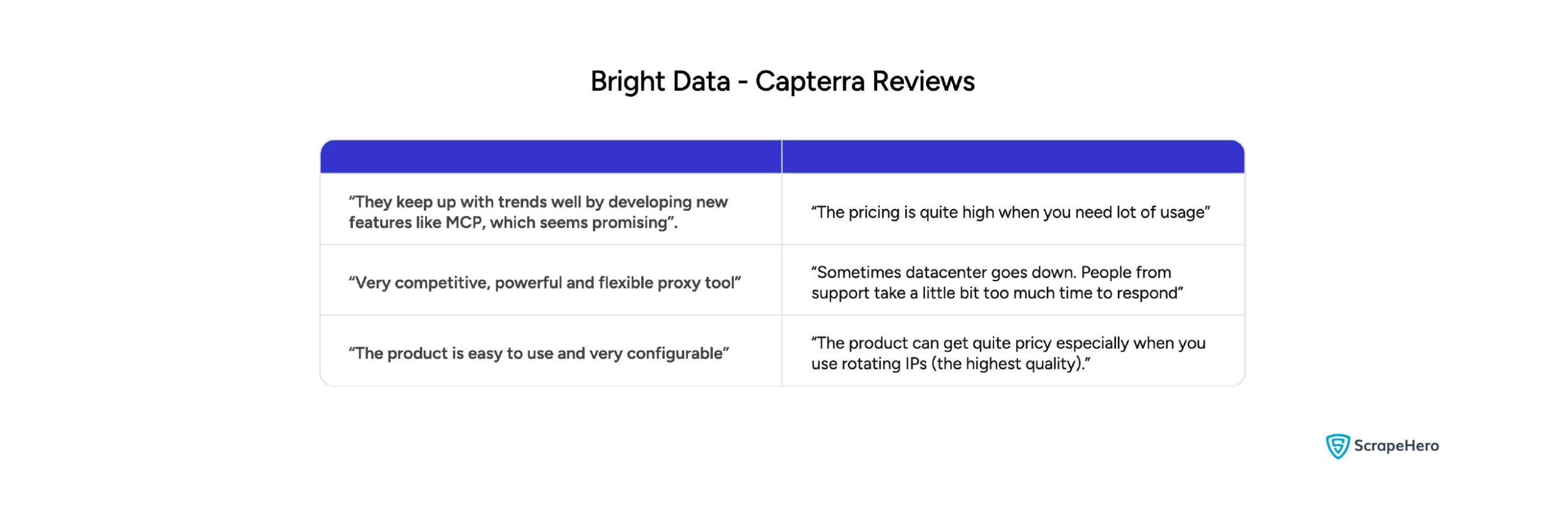 User review snippets from Capterra highlighting Bright Data's flexibility, proxy performance, pricing, and customer support.