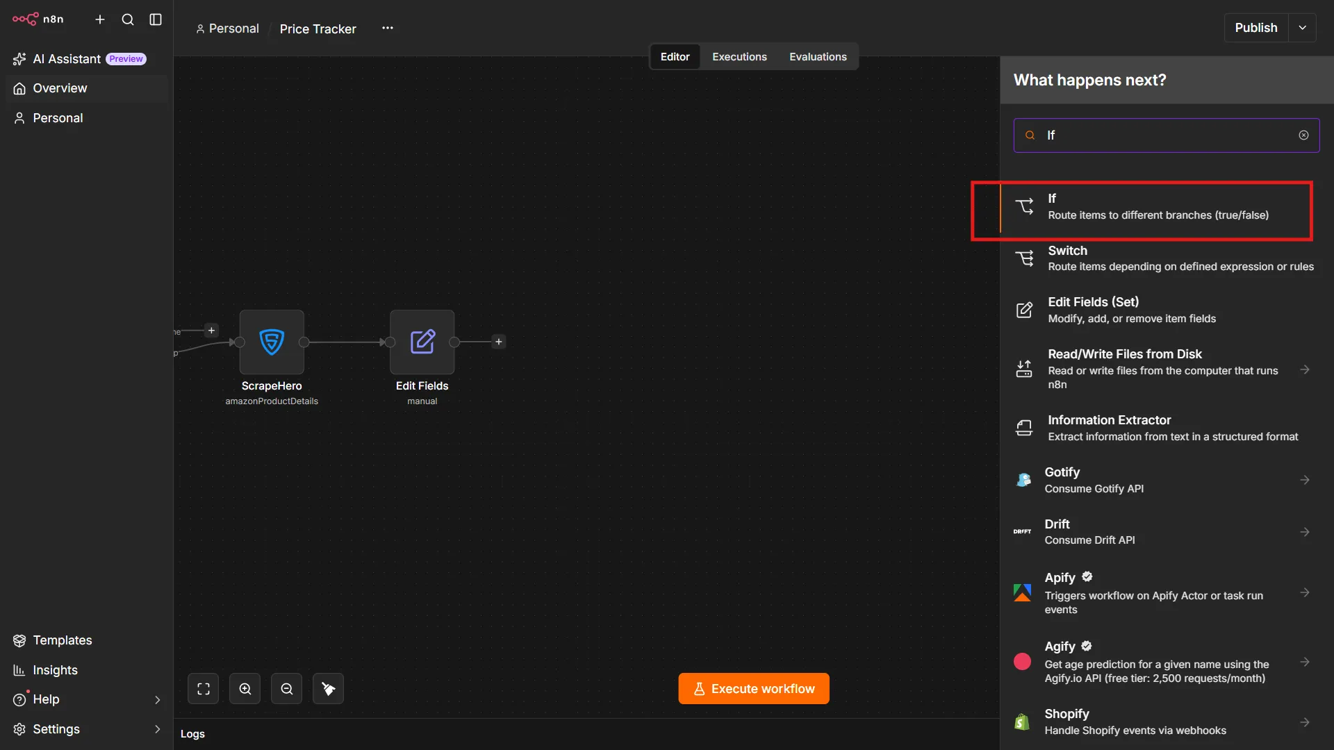 Adding an If node in an n8n workflow