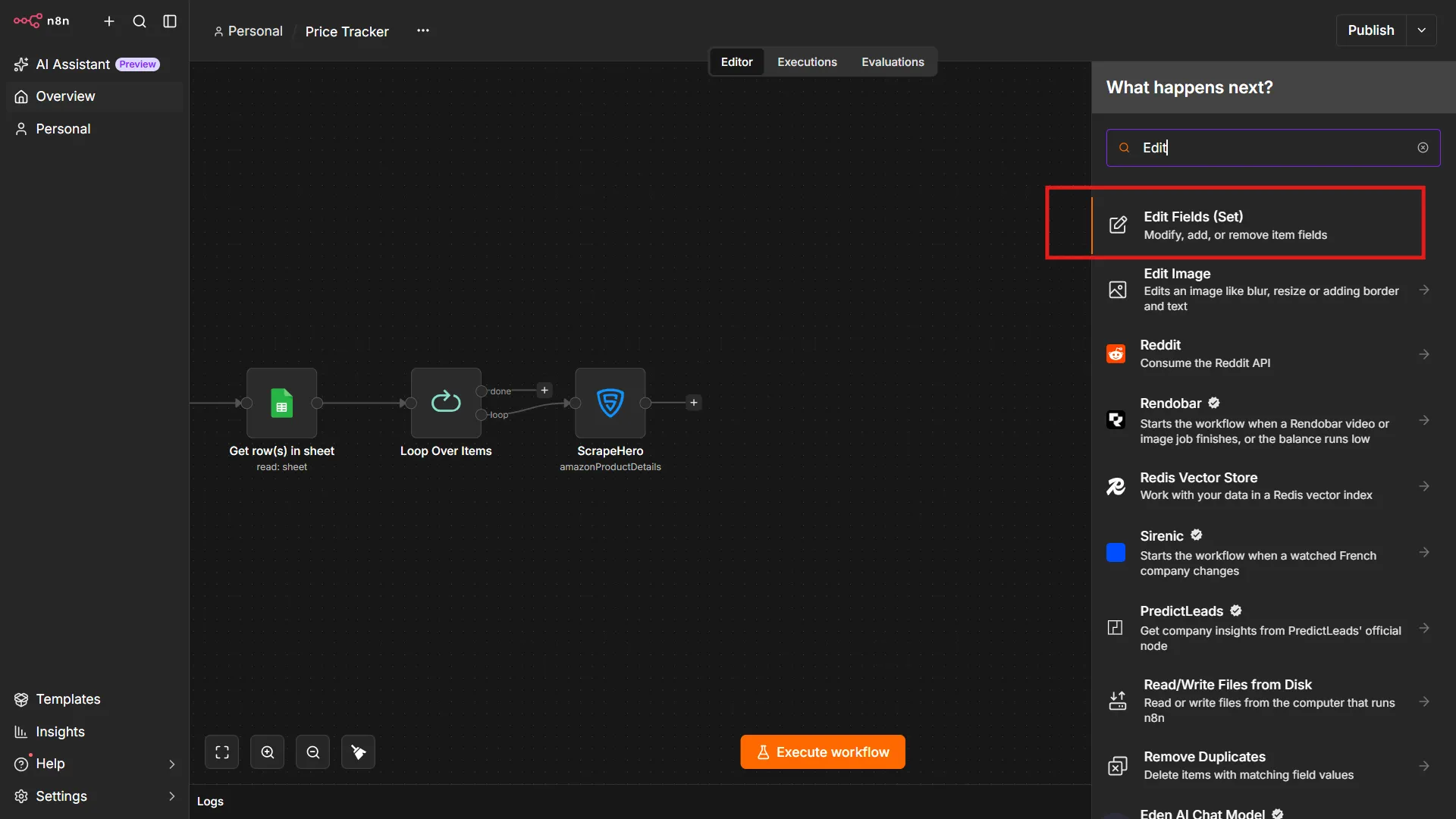 Searching and adding the Edit Fields node