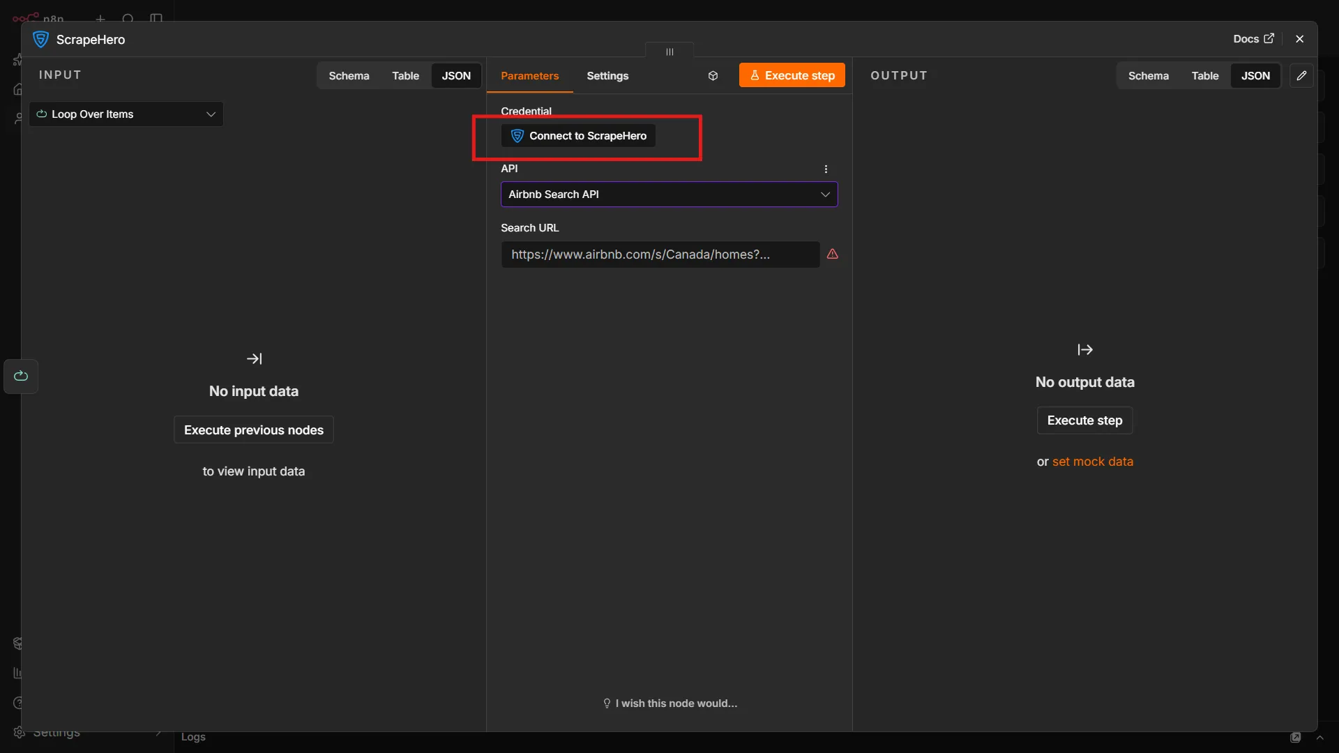 Clicking connect to ScrapeHero button in the ScrapeHero node's configuration window