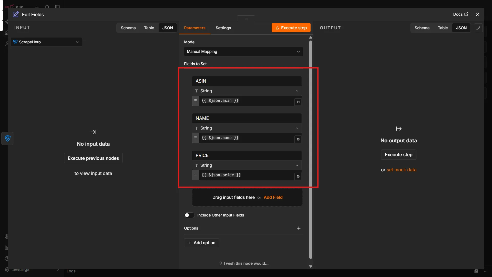 Configuring the Edits field in an n8n workflow