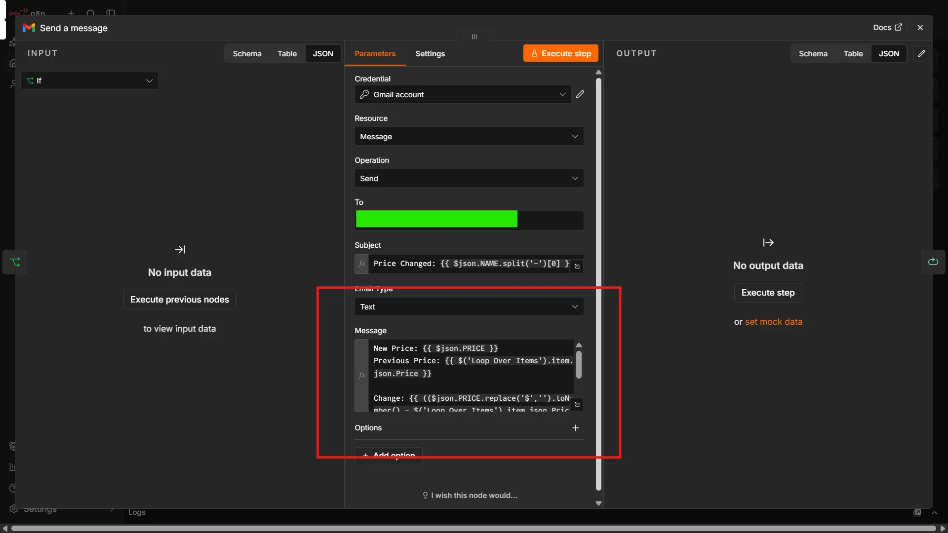 Setting up the message in the Gmail node's configuration window