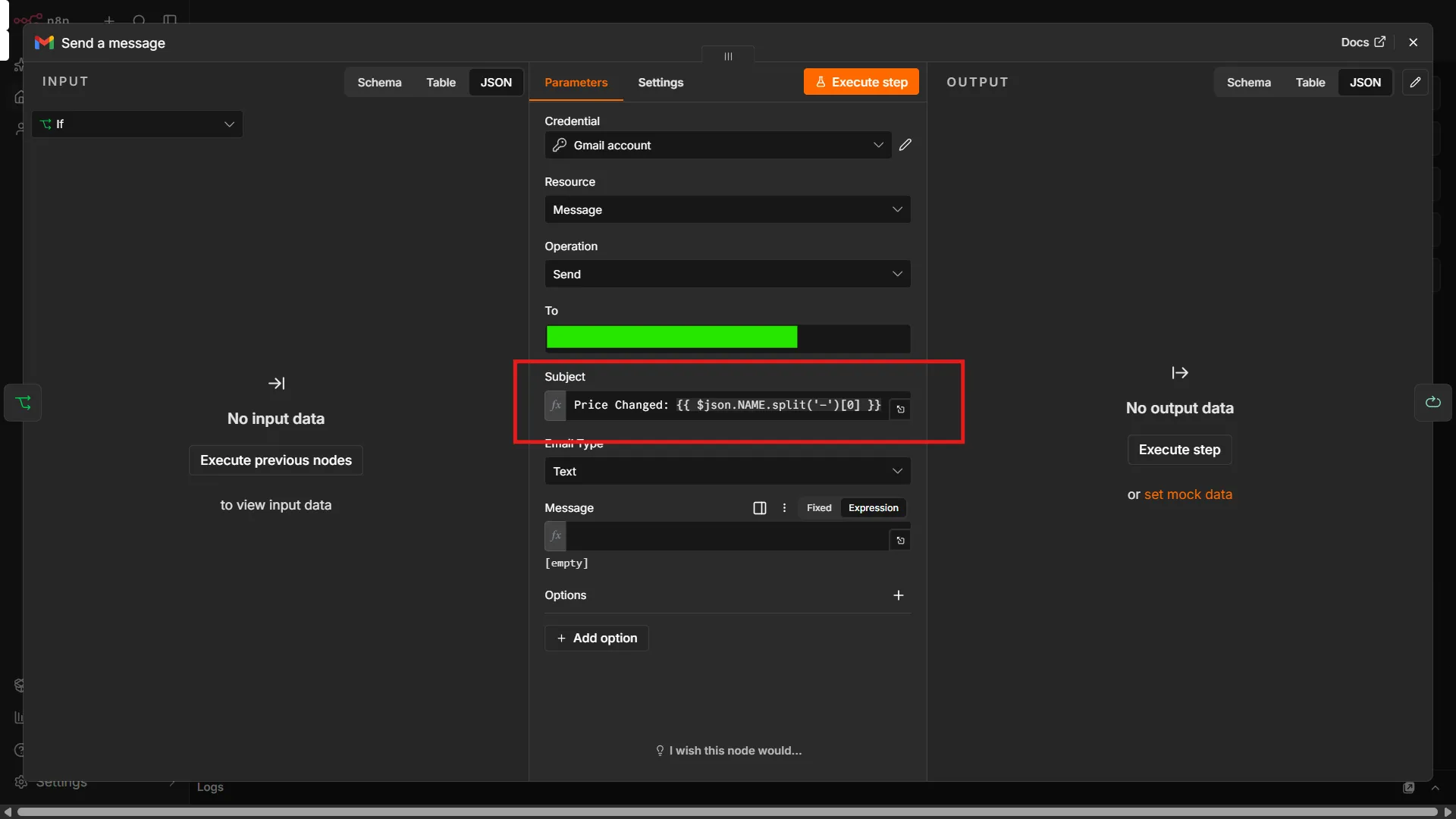 Adding a dynamic subject in the Gmail node's configuration window