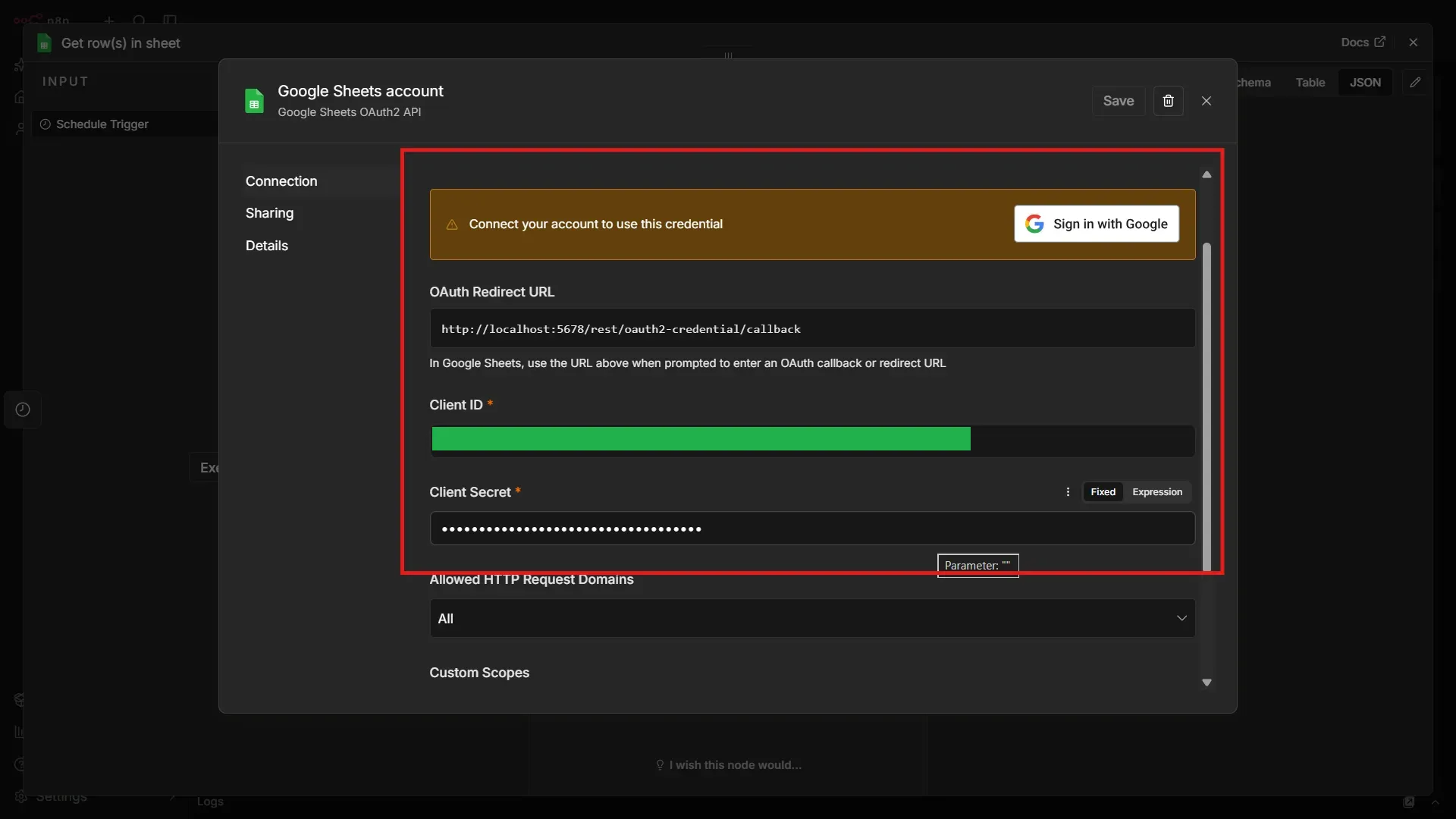 Pasting Google Client ID and Client Secret in the Google Sheets configuration window