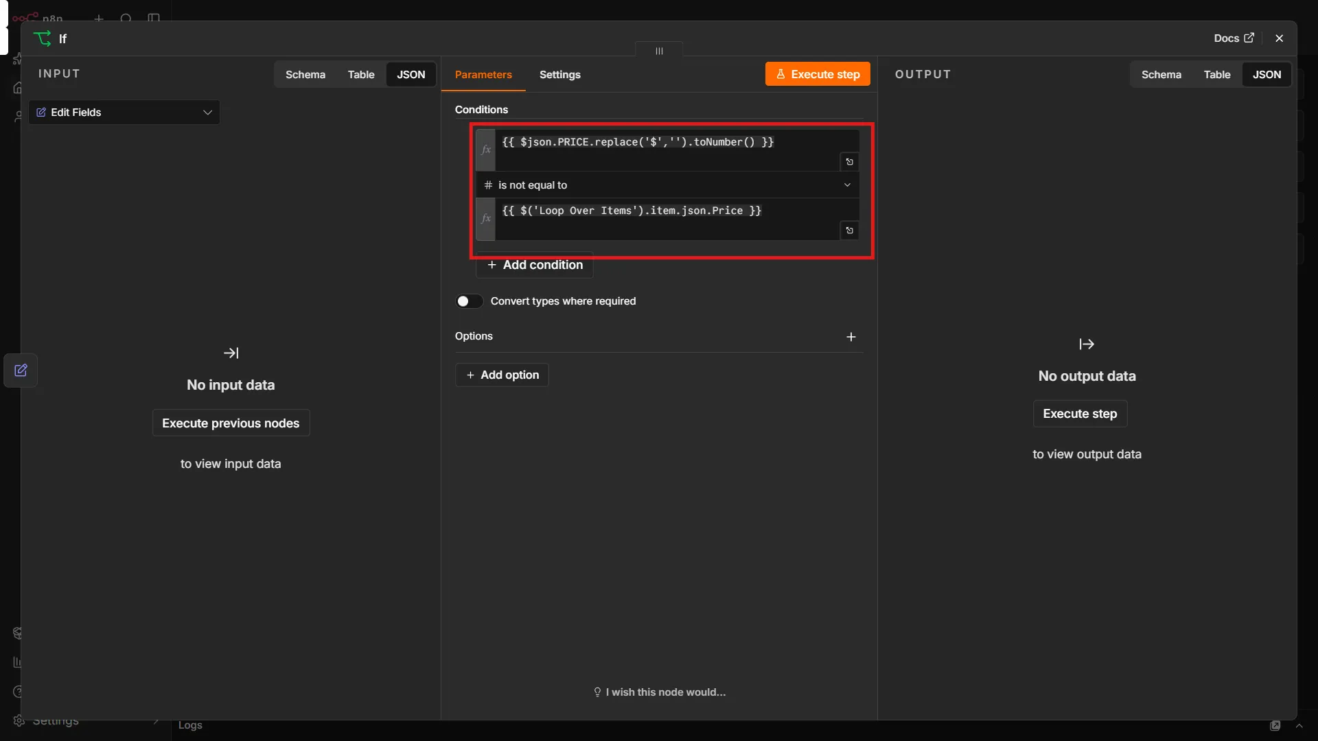 Configuring If node and adding conditions to compare prices