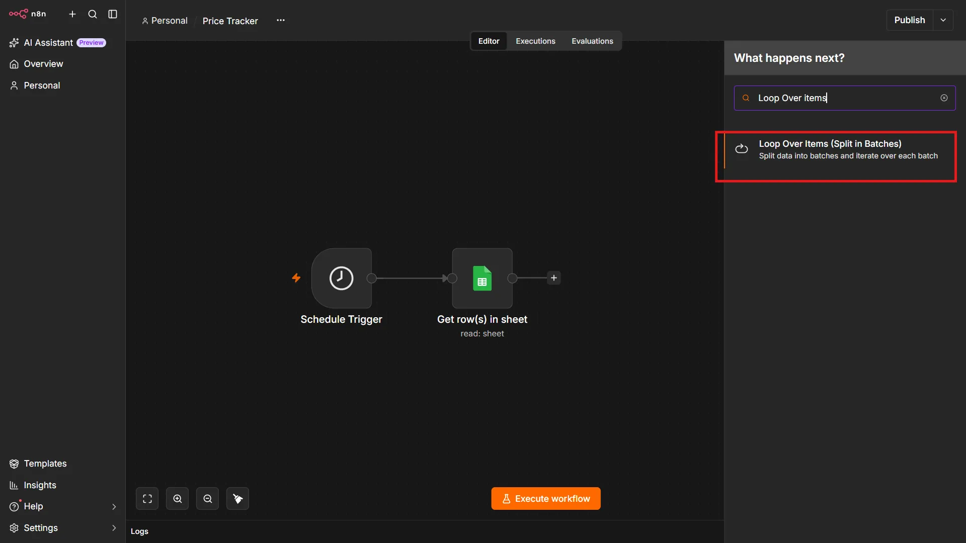 Searching and adding a Loop Over Items node in an n8n workflow
