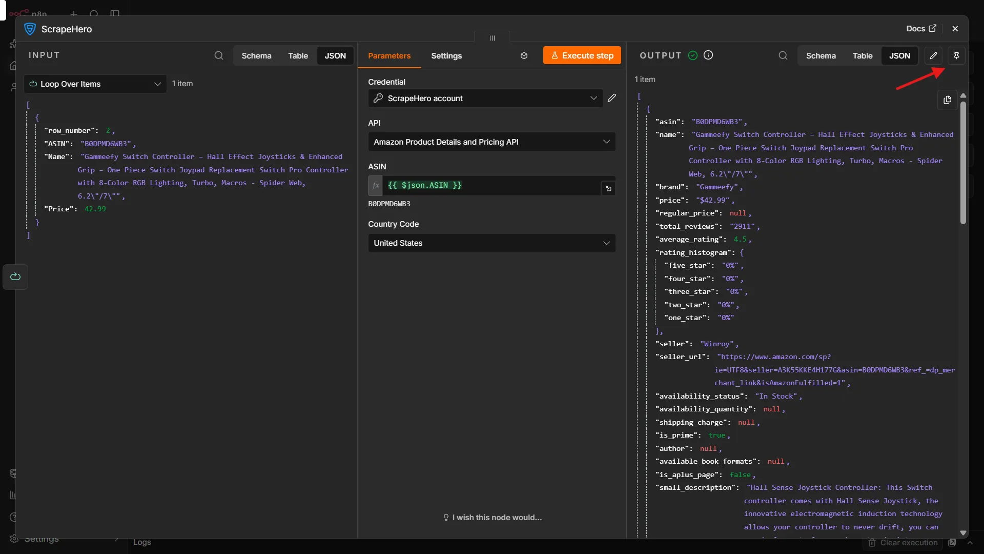 Pinning the ScrapeHero n8n node's output