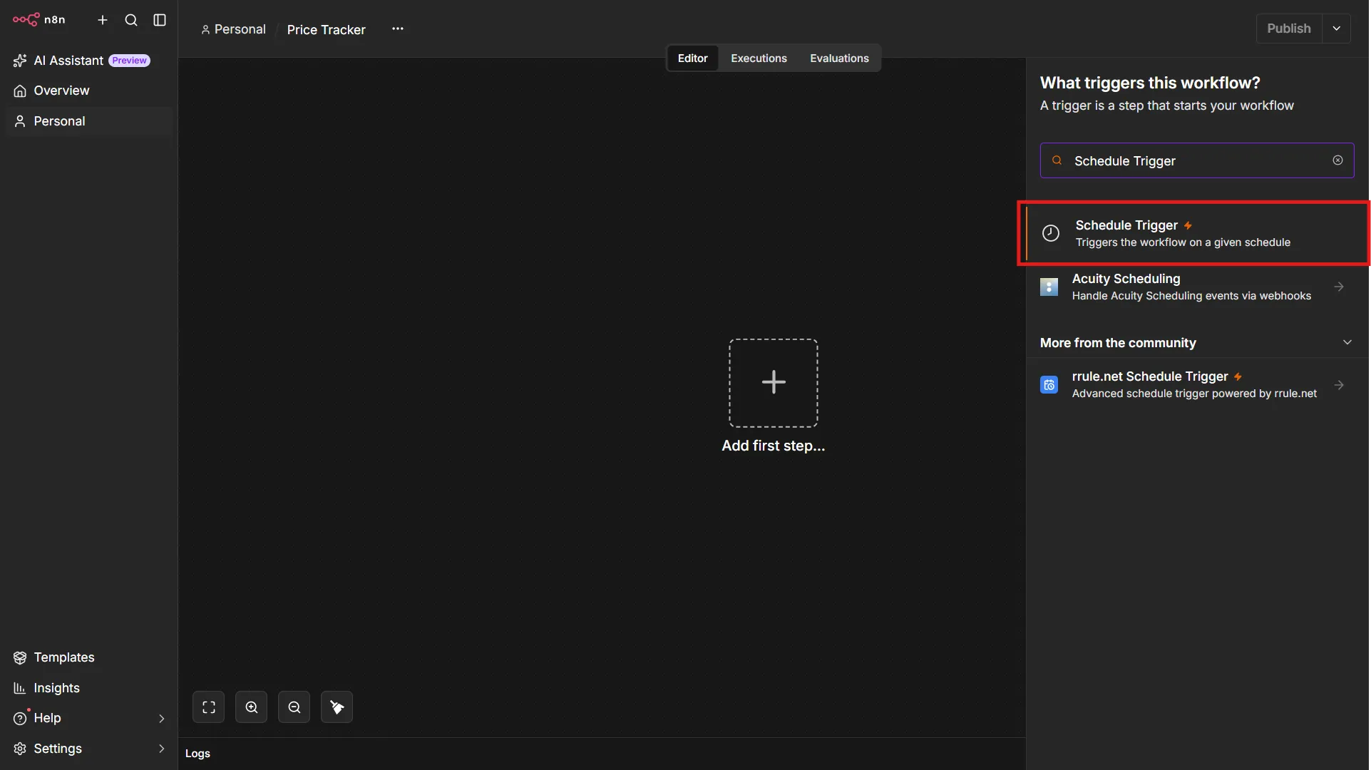 Searching and adding Schedule Trigger in an n8n workflow
