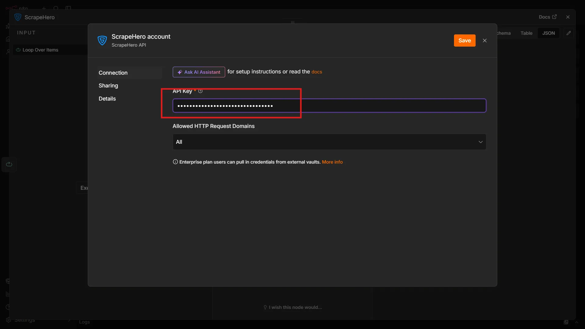 Pasting ScrapeHero Cloud API key