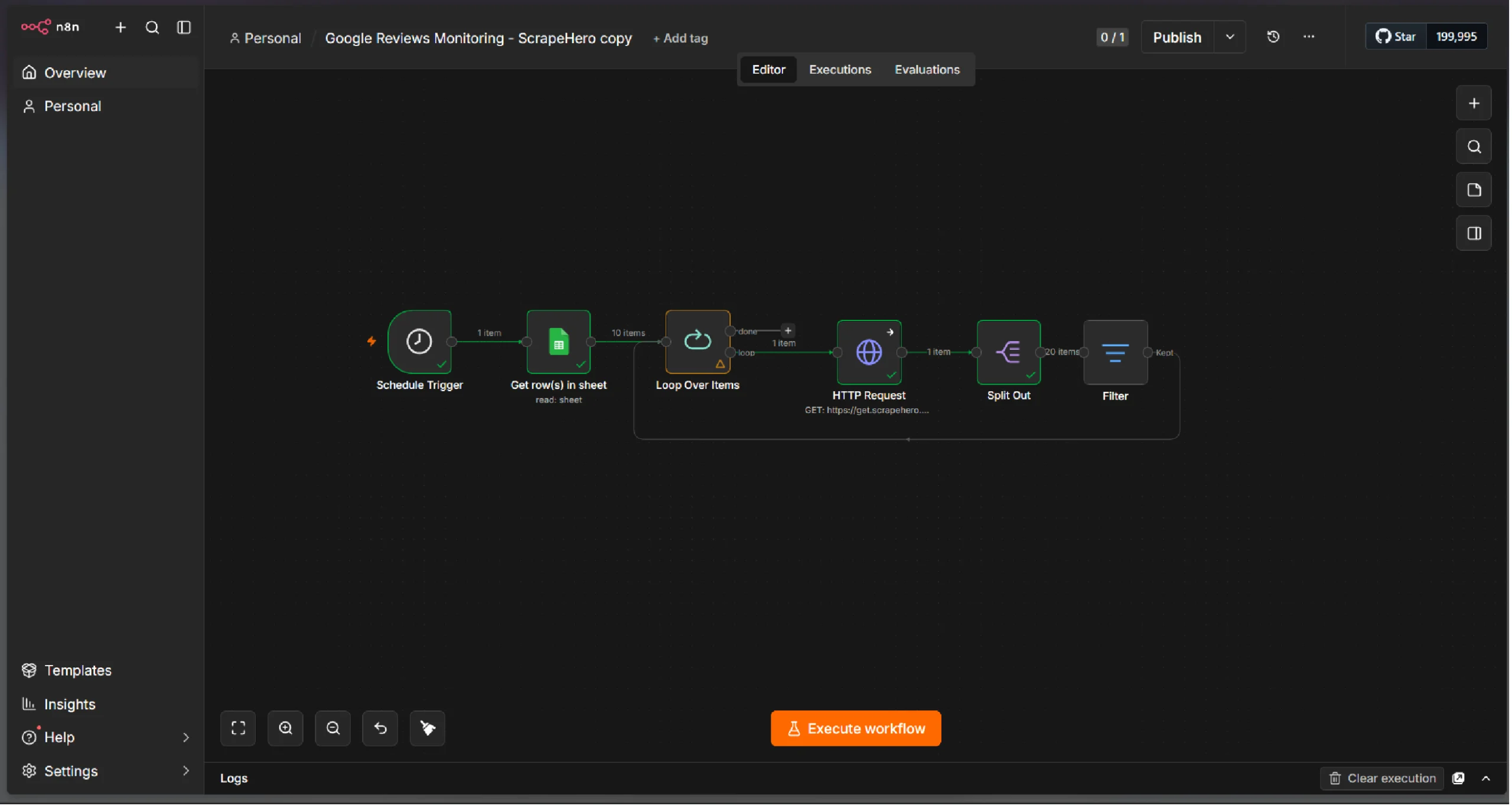 n8n dashboard showing the Schedule Trigger, Sheet, Loop, HTTP Request, Split Out, and Filter nodes