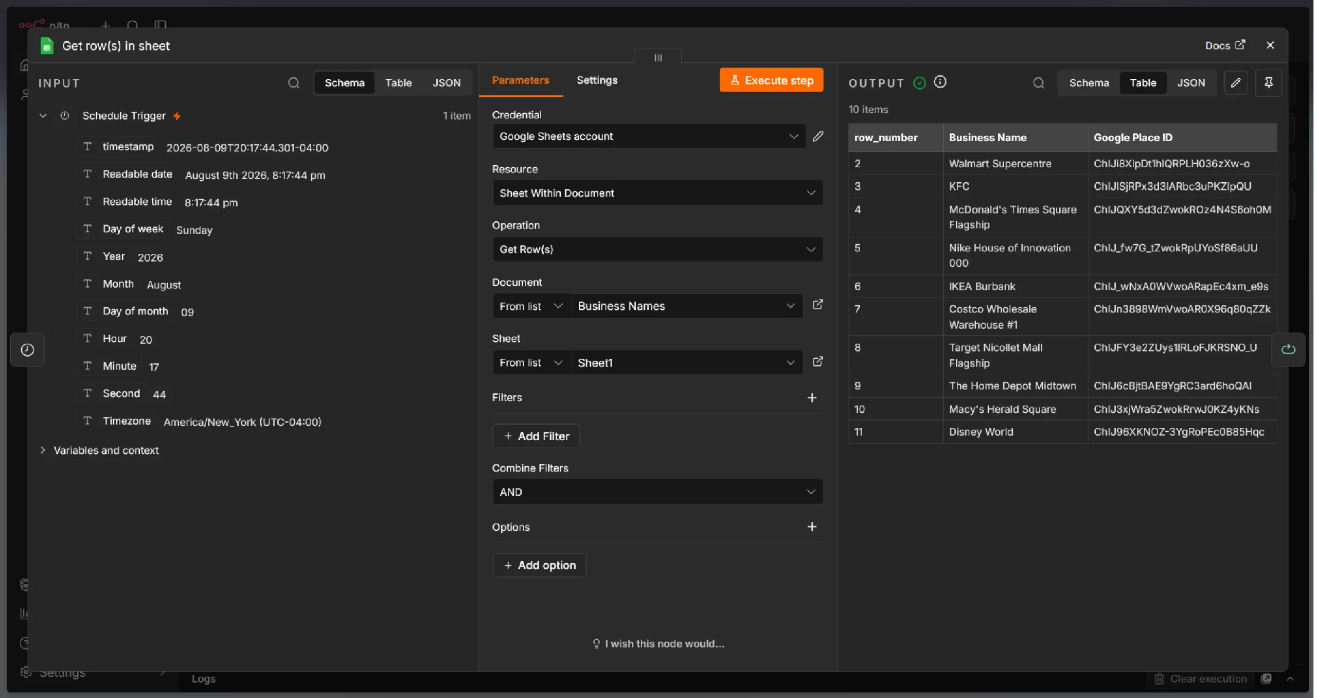 n8n's Sheet node configuration