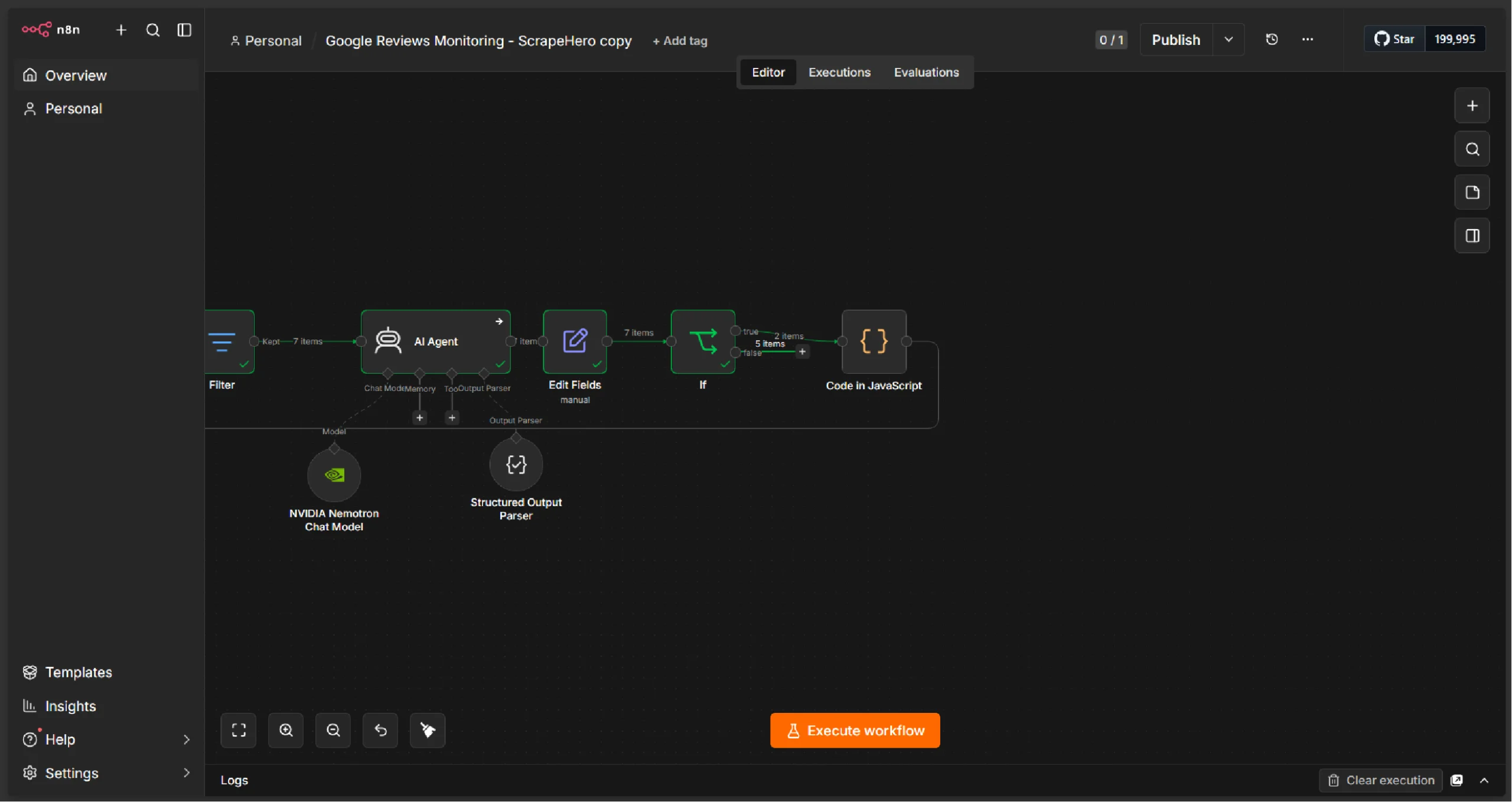 n8n dashboard showing the Filter, AI Agent, Edits field, If , and Code nodes