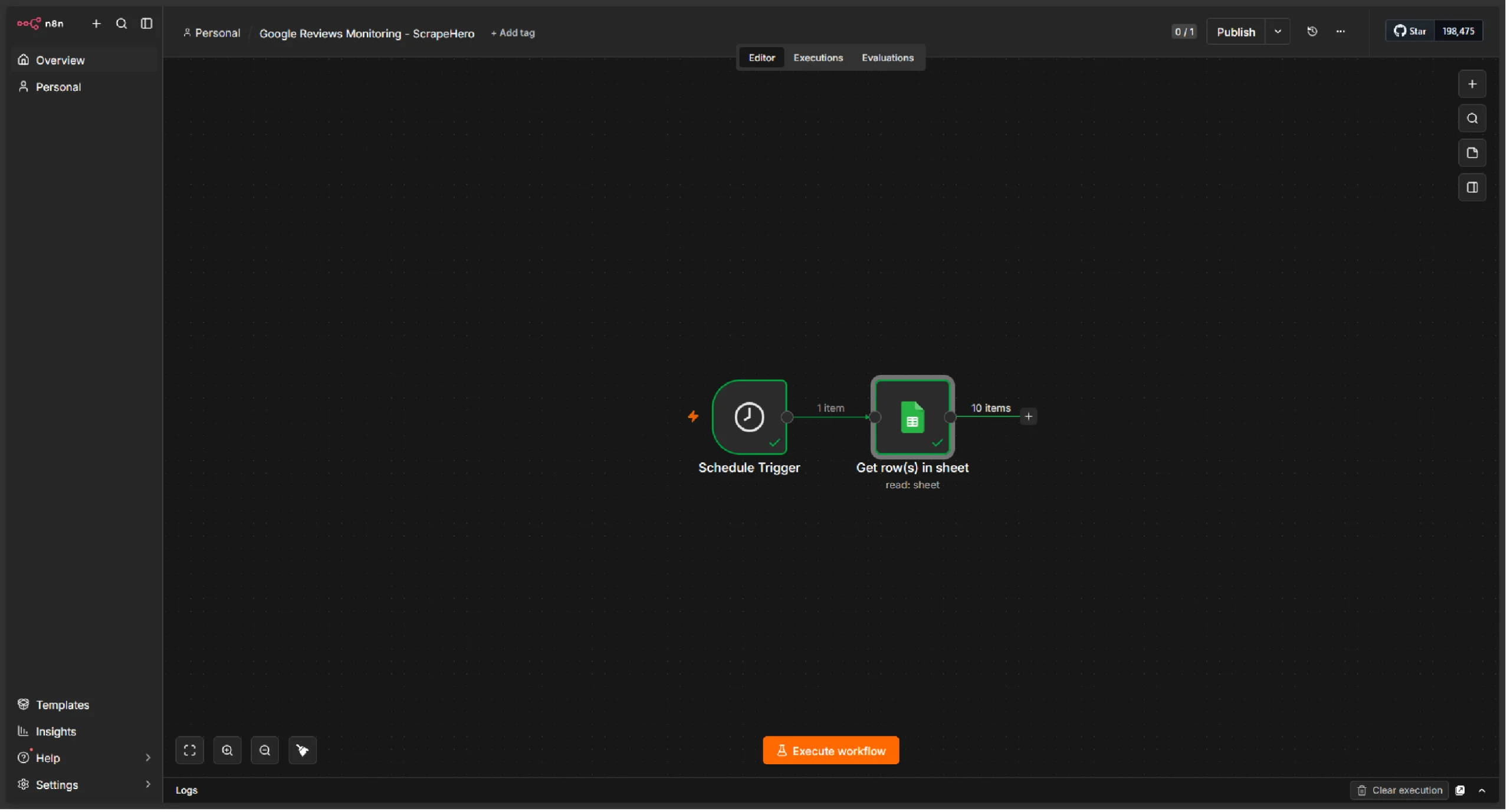 n8n dashboard showing the Schedule Trigger and Sheet nodes